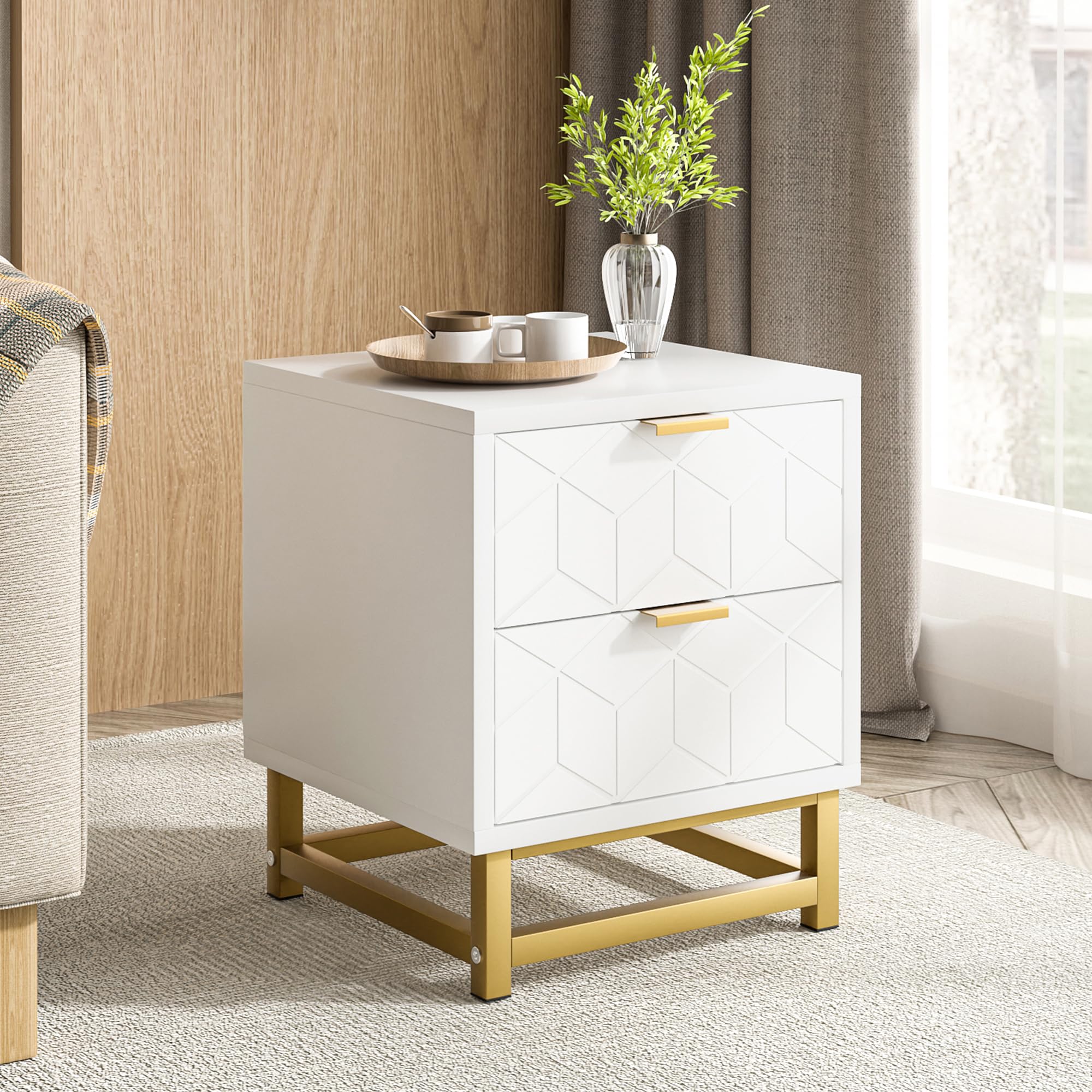 Nightstand, 2 Drawer Dresser for Bedroom, White Dresser with 2 Drawers, Bedside Furniture, Night Stand, End Table with Gold Frame for Bedroom, Living Room