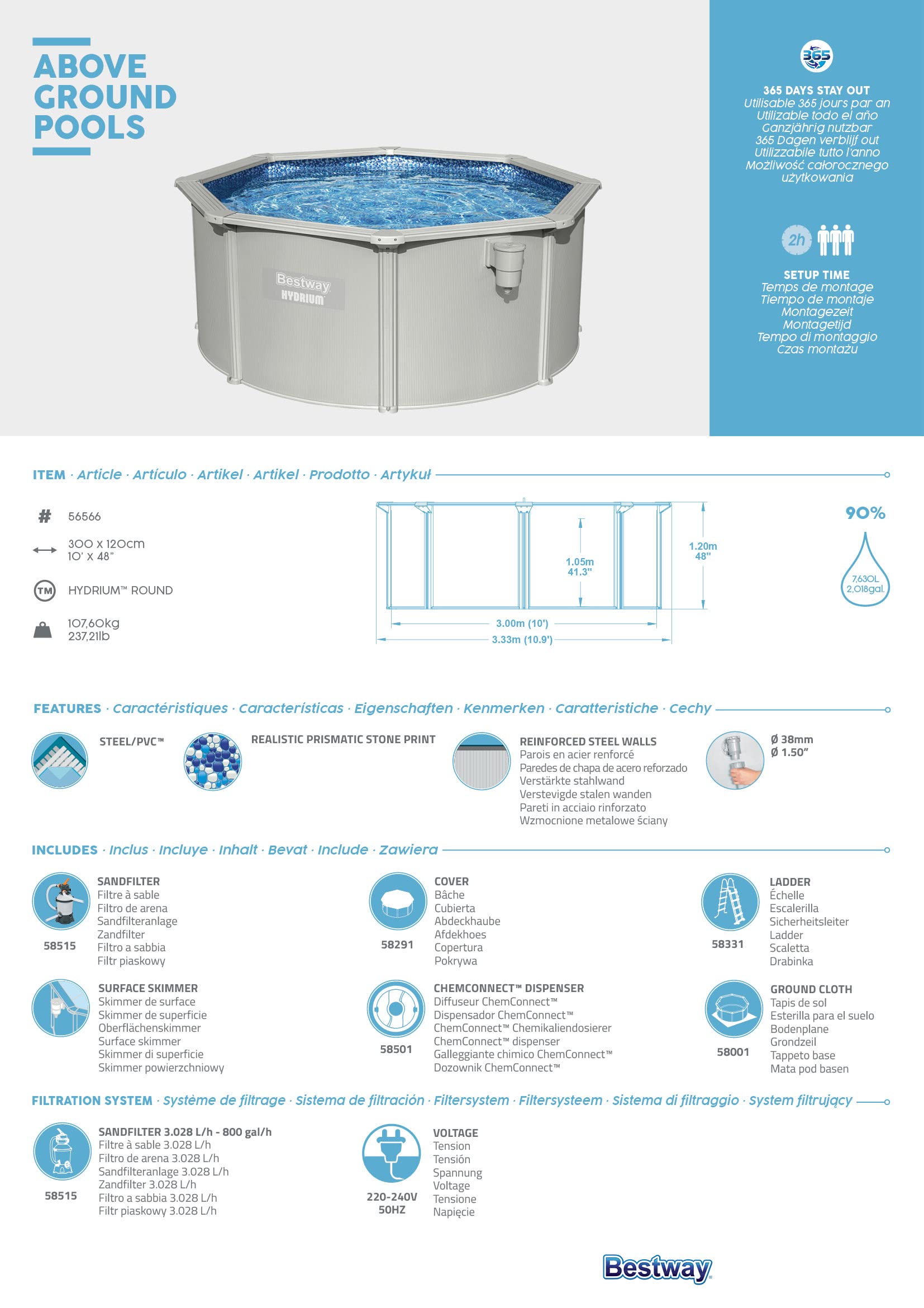 Bestway Hydrium, piscina a parete in acciaio, set completo con impianto di filtraggio a sabbia, Ø 300 x 120 cm, grigio, rotondo