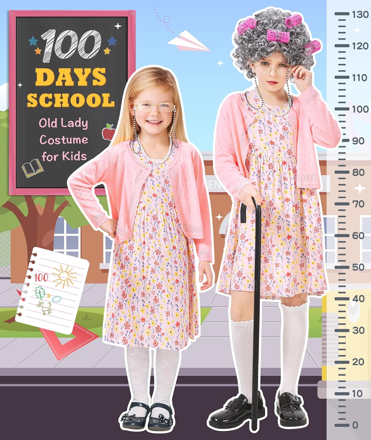 Jeowoqao Old Lady Costume for Kids,100 Days of School Costume Girls Old Lady Granny Grandma Dress Up for Girls 5 6 7 - Image 2