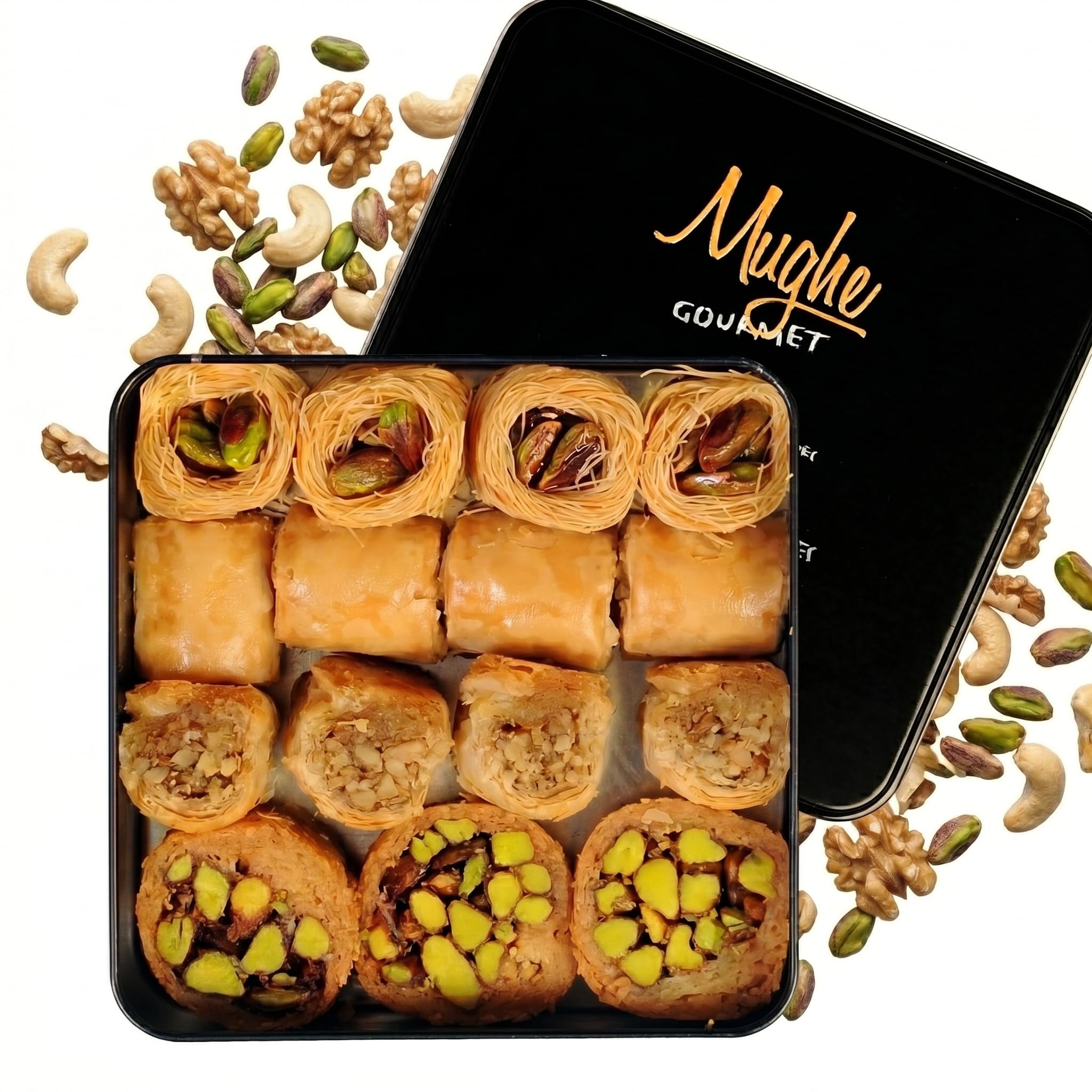 Mughe Gourmet - Caja de regalo elegante de surtido de Baklava - Baklawa Pequeños postres en tamaño bocado de pistacho, anacardo, avellana y nuez - 250g - Perfecto para cumpleaños, Navidad, Eid y más
