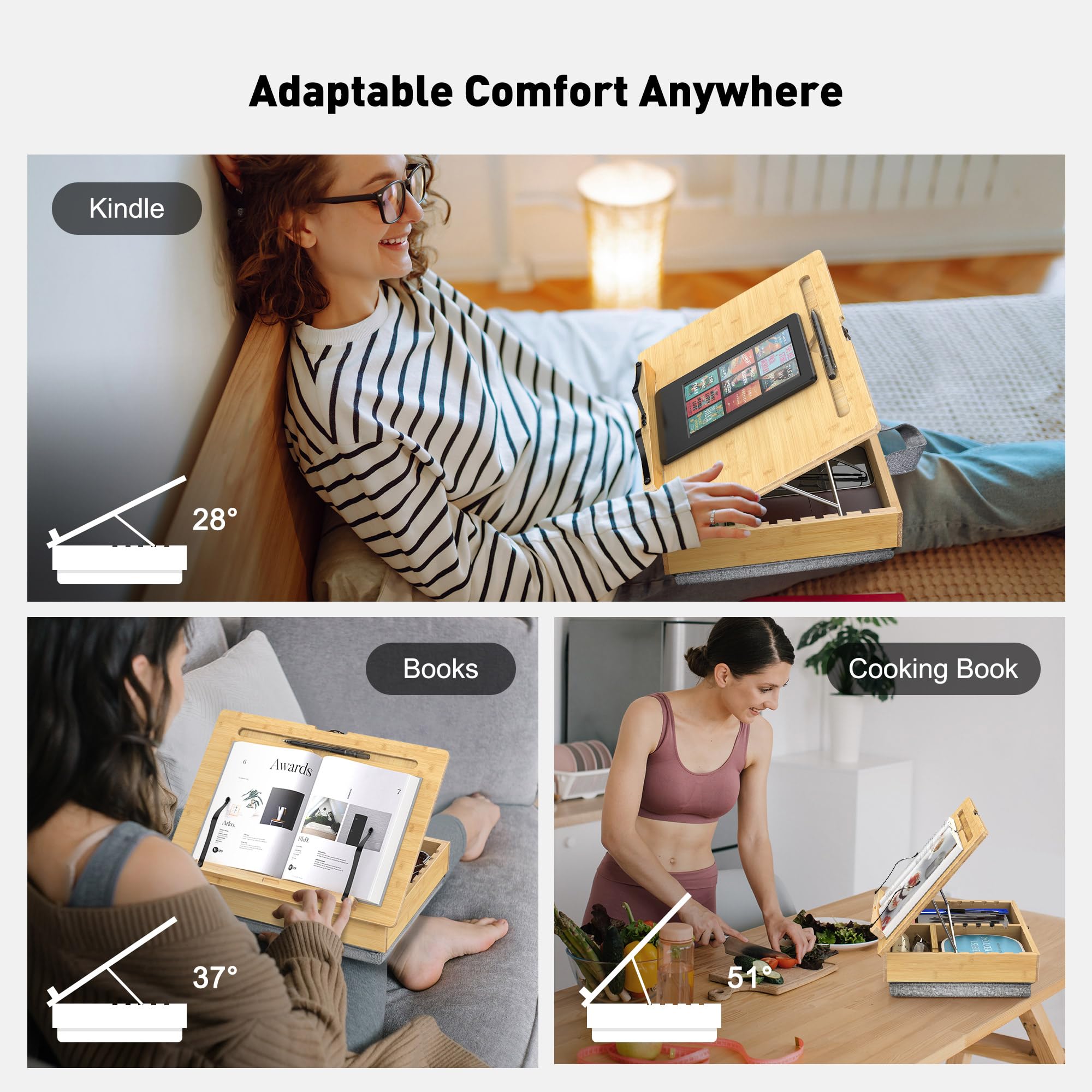 AboveTEK Buchständer zum Lesen mit Aufbewahrung, verstellbarer Bambus-Buchhalter mit weichem Schoßkissen, Kochbuchständer, freihändiger Buchleseständer für Bett, Schreibtisch und Küchentheke
