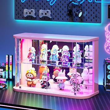 Lvifur Rounded Glass Display Case - for Figures & Collectibles, 2-Tier Curio Display Cabinet with RGB Lights, Small Lighted Display Box with Glass Door, Glass Shelf, Mirror Back, Pink
