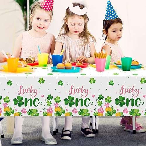 Miniatura 6 de Juego de 3 manteles para mesa del Día de San Patricio, color rosa, impermeable, trébol, para fiesta de primer cumpleaños, decoración de primer