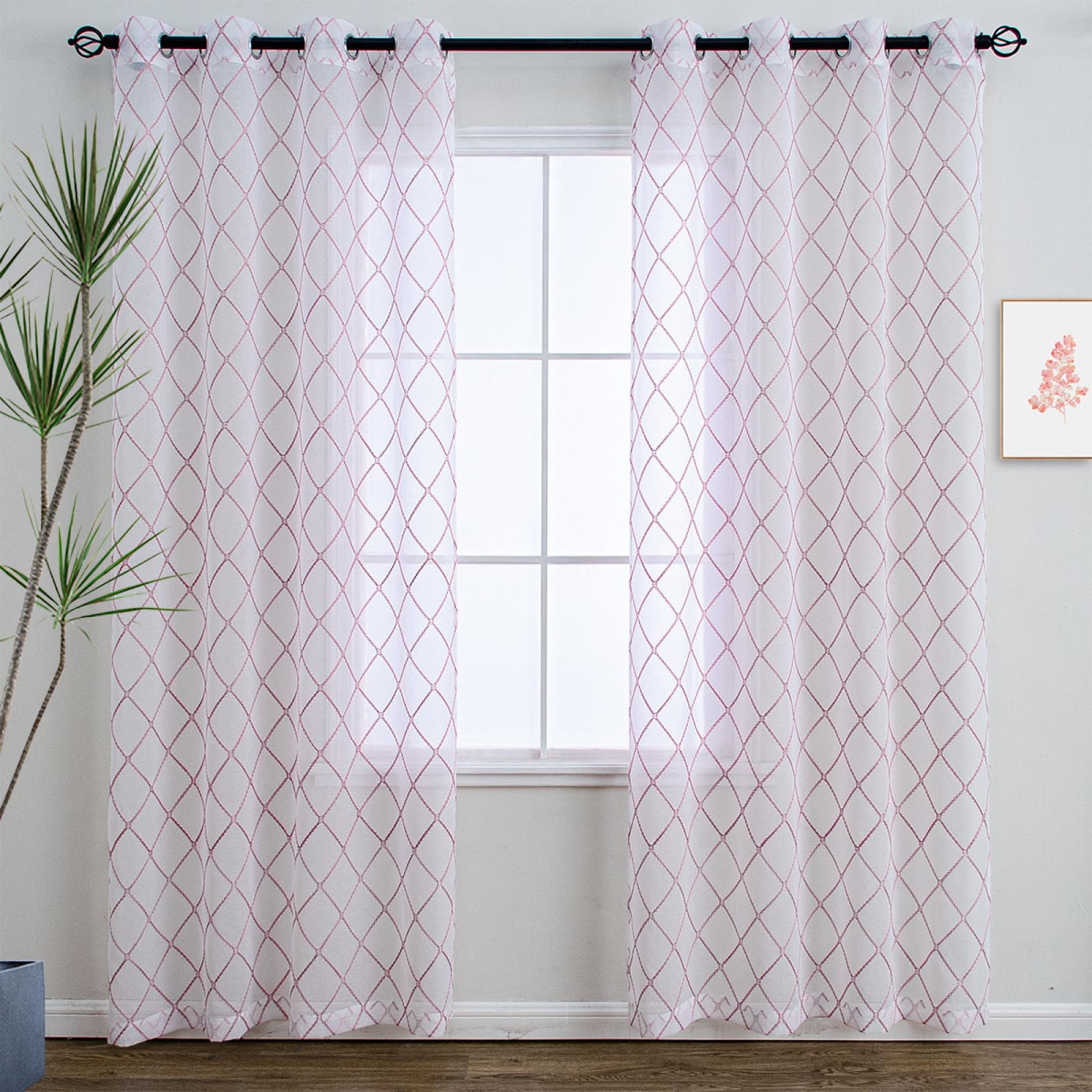 2pcs Mode Rideau en Tulle Panneau Rideau Transparent Oeillets Draperies Souple Moderne pour Décoration de Maison Salon Cuisine Chambre - Lignes Roses(L132 x H213cm)