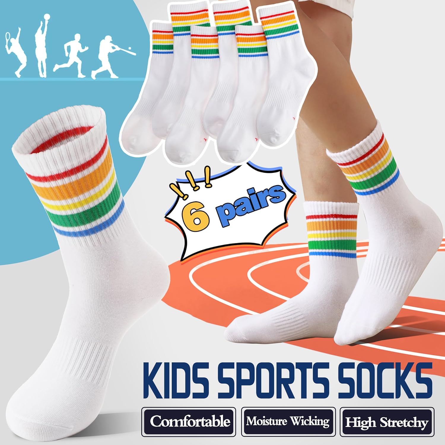 6 Pairs Kids Boys Girls Socks Athletic Basketball Youth Sport Crew Cotton Breathable Soft Socks - Image 3