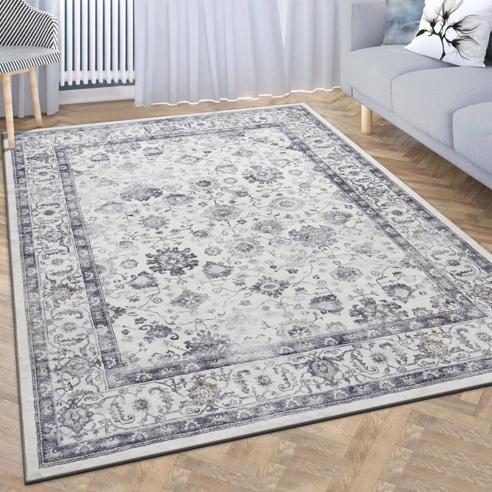 Imperial Rooms Rugs Living Room Large 200x290 cm Washable Grey Rug for Bedroom – Soft Easy to Clean Traditional Design Vintage Area Rugs – Fluffy Low Pile Rug for Kids Room, Dining Room (Serene) — image 1