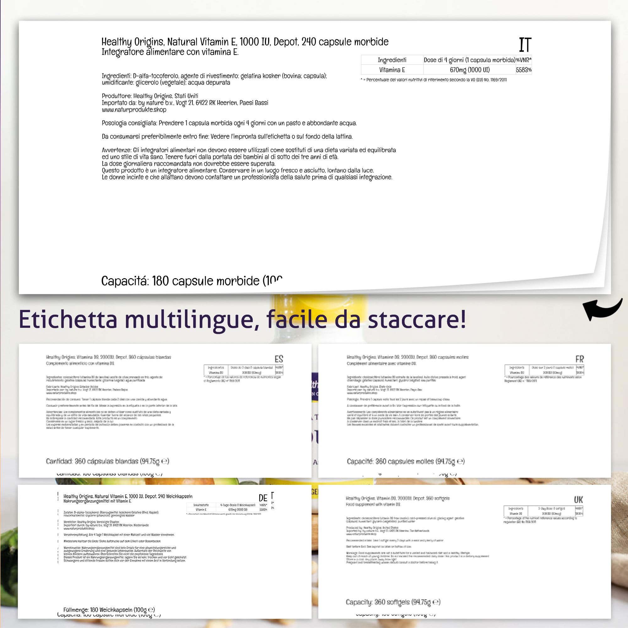 Healthy Origins, Natural Vitamin E, 670 mg (1000 UI), 1 Capsula ogni 4 Giorni, 240 Softgel, Altamente Dosato, Testato in Laboratorio, Senza Soia, Senza Glutine, Non OGM
