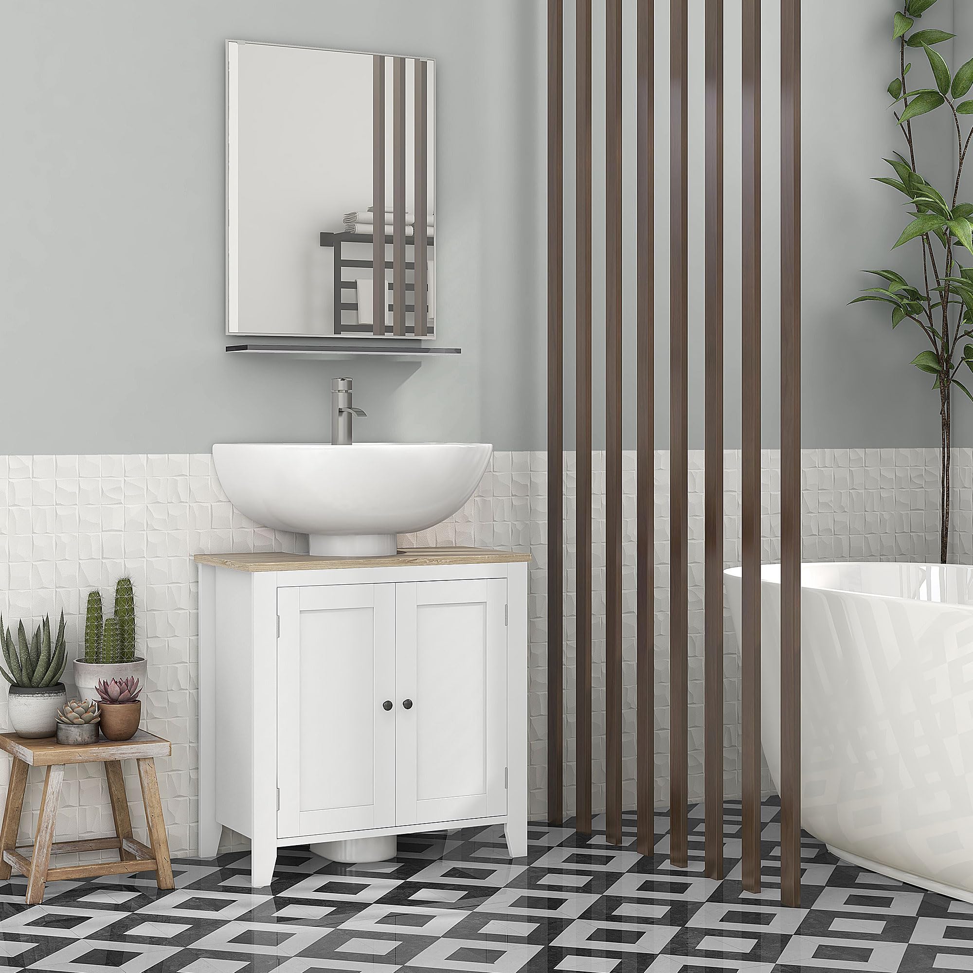 kleankin Mueble bajo Lavabo Mueble de Baño con 2 Puertas y Estante Ajustable Armario de Baño para Lavabo con o sin Pedestal Estilo Moderno 60x30x60 cm Blanco