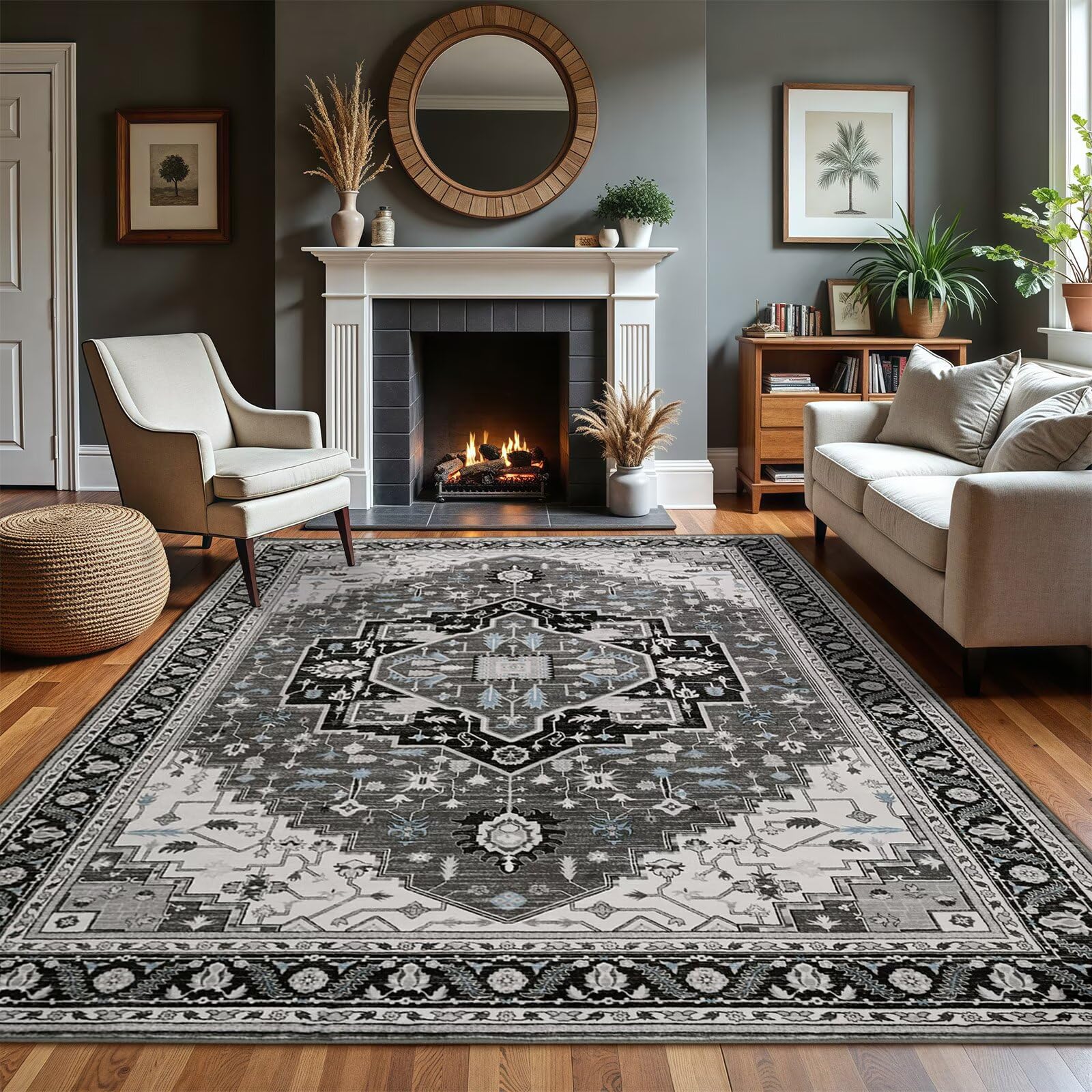 Macgace 5x7 Black Grey Area Rug for Living Room, Machine Washable Rugs with Non-Slip Backing for Bedroom, Vintage Medallion Carpet Dining Room Office