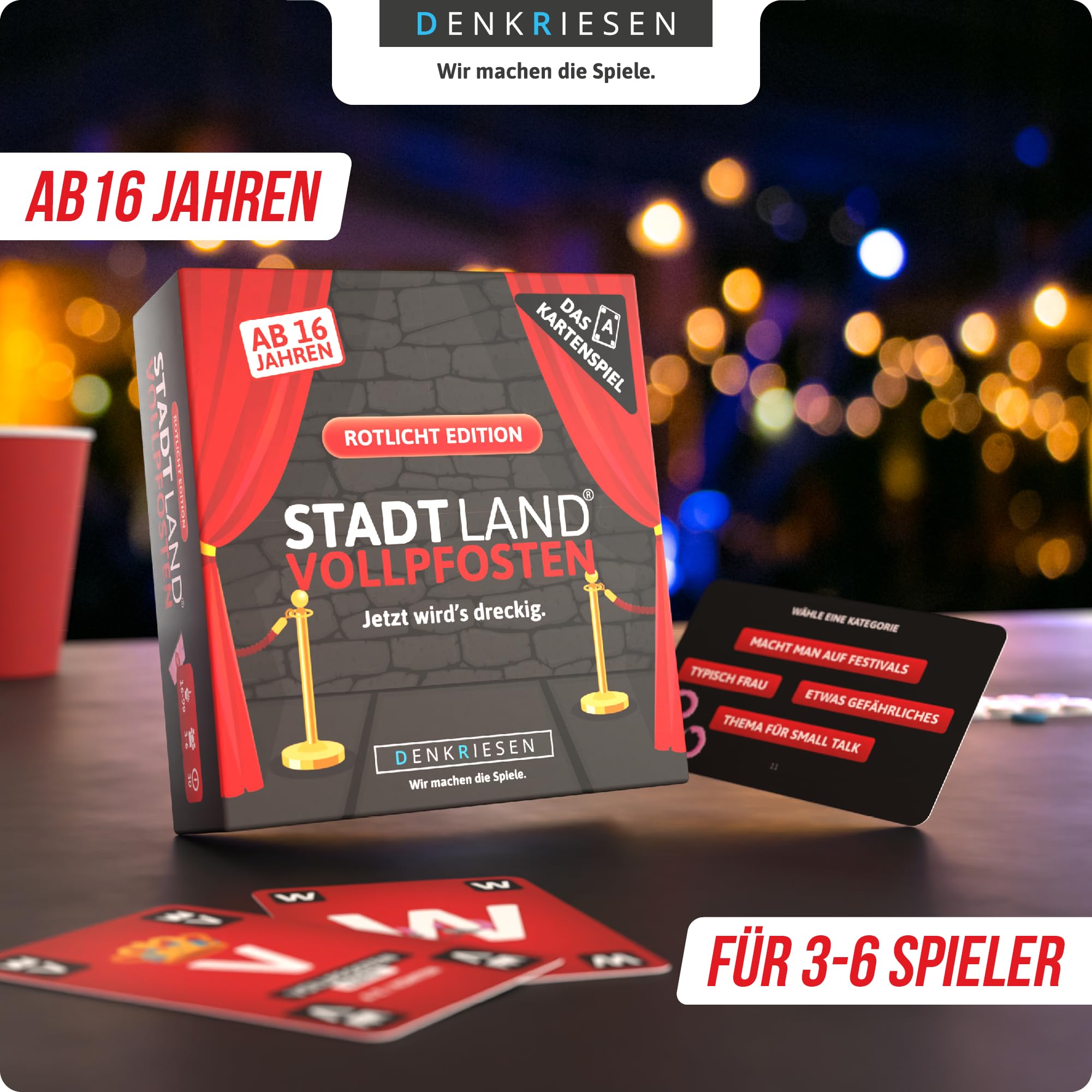 DENKRIESEN - STADT LAND VOLLPFOSTEN® – Il trio dei giochi di carte – JUNIOR – Classic – luce rossa | collezione di giochi innovativi | Natale | Giochi di famiglia | Giochi per feste | Regalo di gnomo
