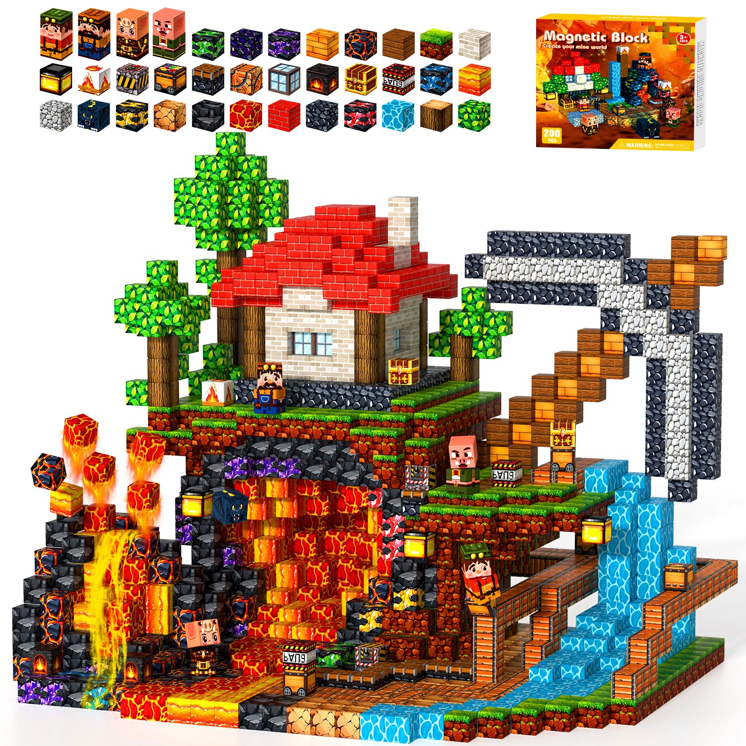 Kryzomat Magnetic Blocks 200PCS, Magnetic Building Blocks Magma Theme