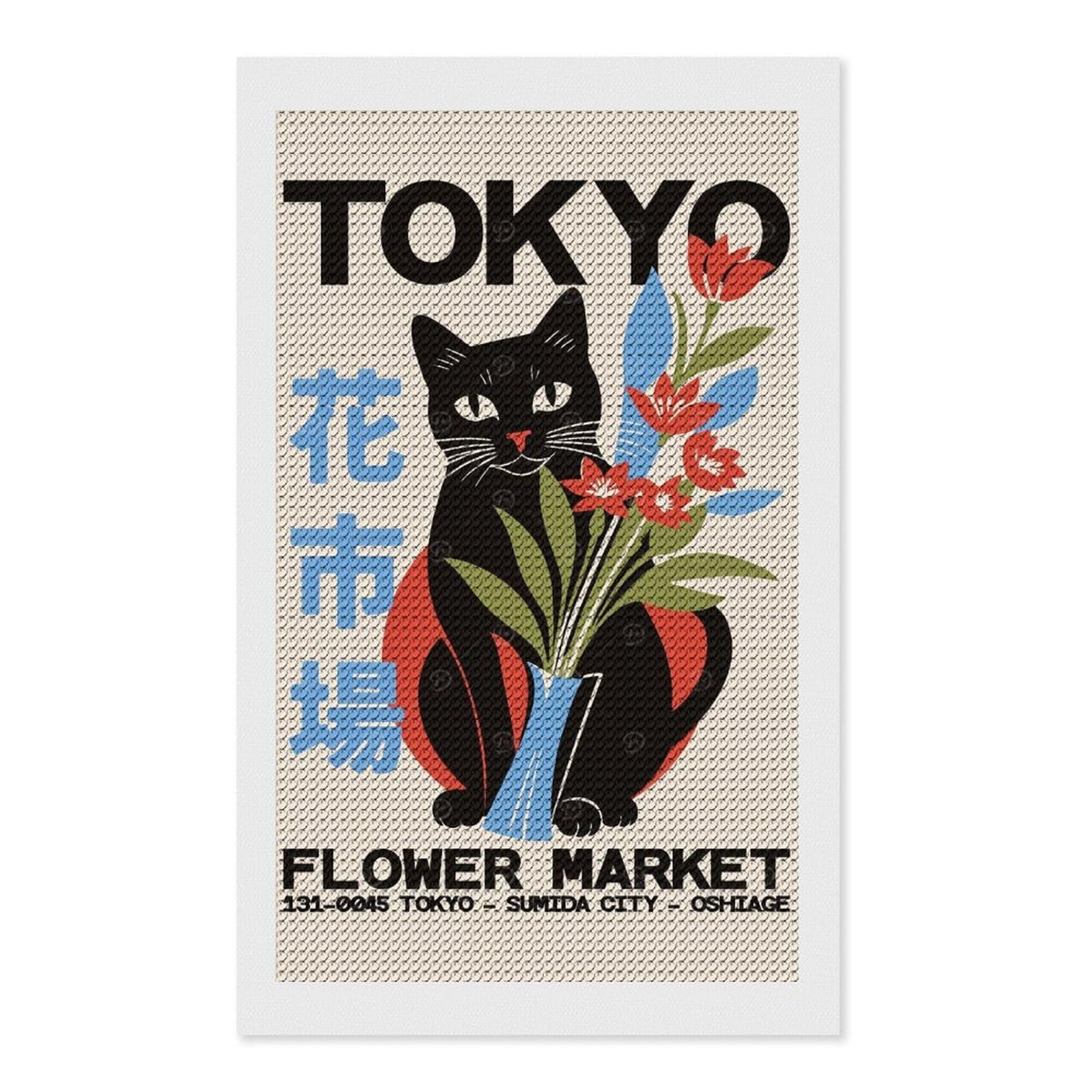Junmoney Tokyo Flower Market Cat Diamond Painting Canvas Set 12"x20", for Beginners, Complete Accessories, Christmas Gift, Modern Decor