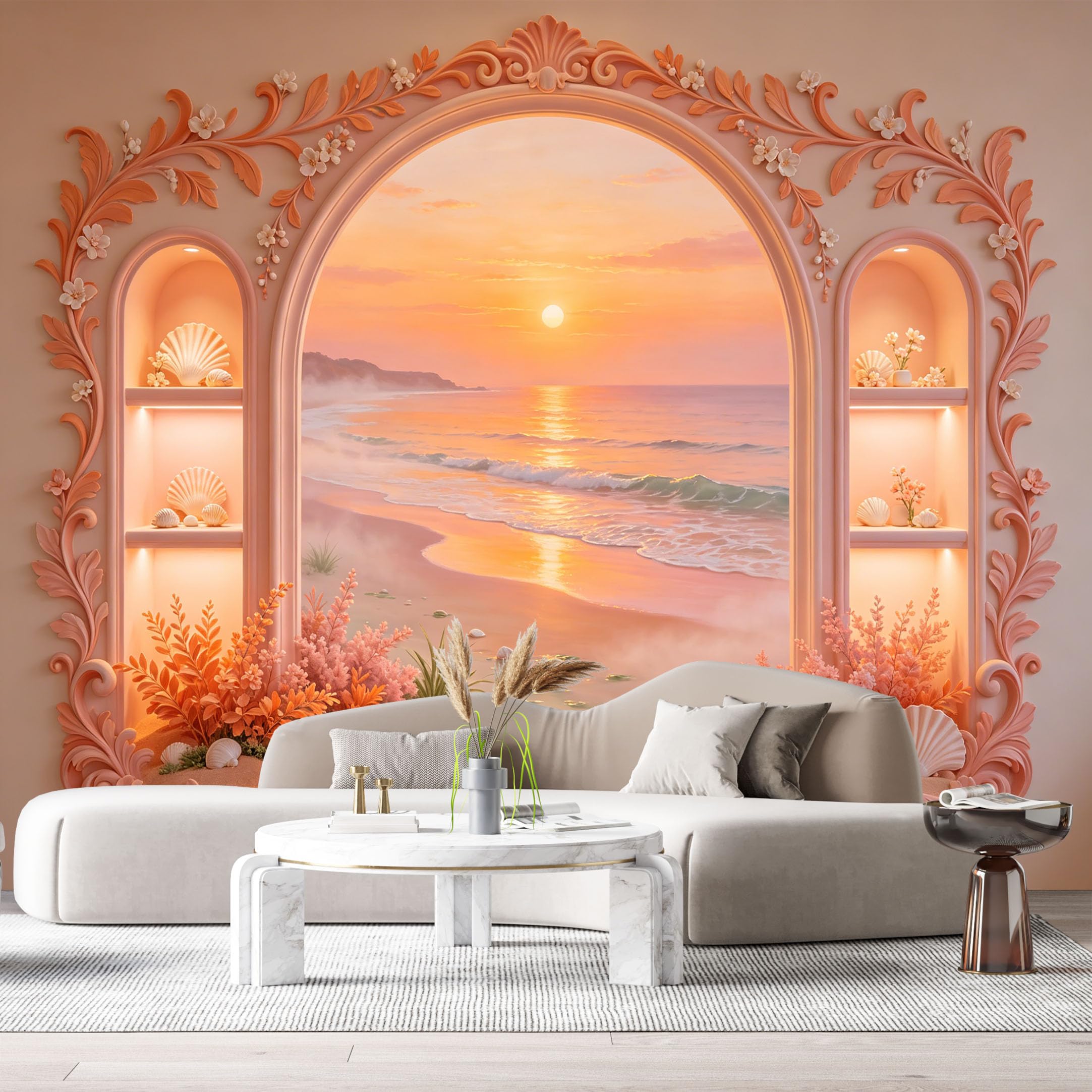 Custom Size Wall Murals Coastal Ocean Sunset Seashore Shells 3D Trompe L'Oeil SelfAdhesiveWall Fabric Removable Wallpaper Wall Decor for Living Room Bedroom Bathroom