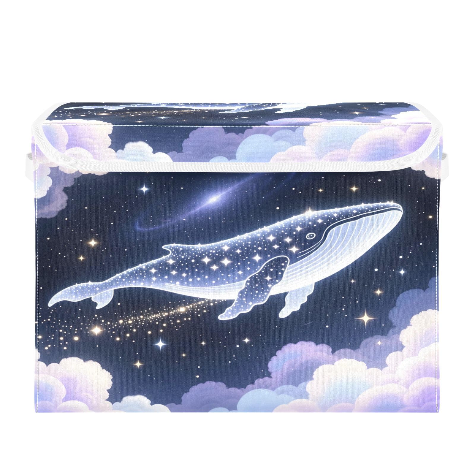 Ewusp Whale Fabric Storage Bin with Lid, Decorative Foldable Storage Basket with Handles, Stackable Closet Shelf Organiser Box for Clothes, Books, Bedroom, Living Room