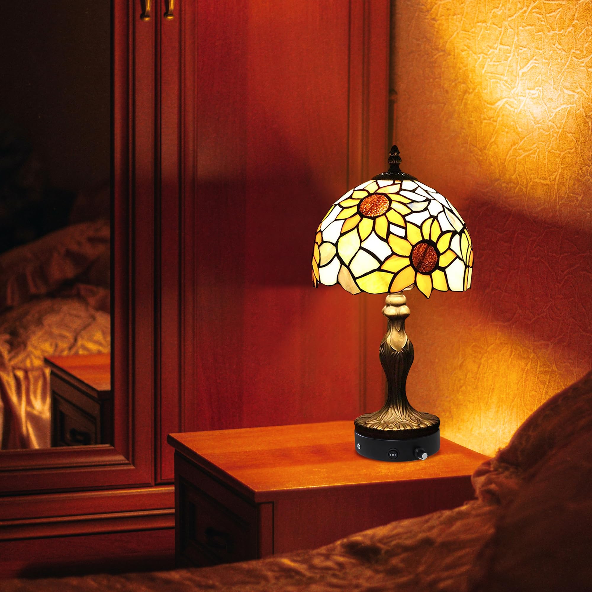 Tiffany-Stil Tischlampe Kabellos Warmweißes, Wiederaufladbar Tischleuchte, Dimmbar Nachttischlampe mit Glasschirm für Nachttisch Esszimmer Schlafzimmer -TD0867