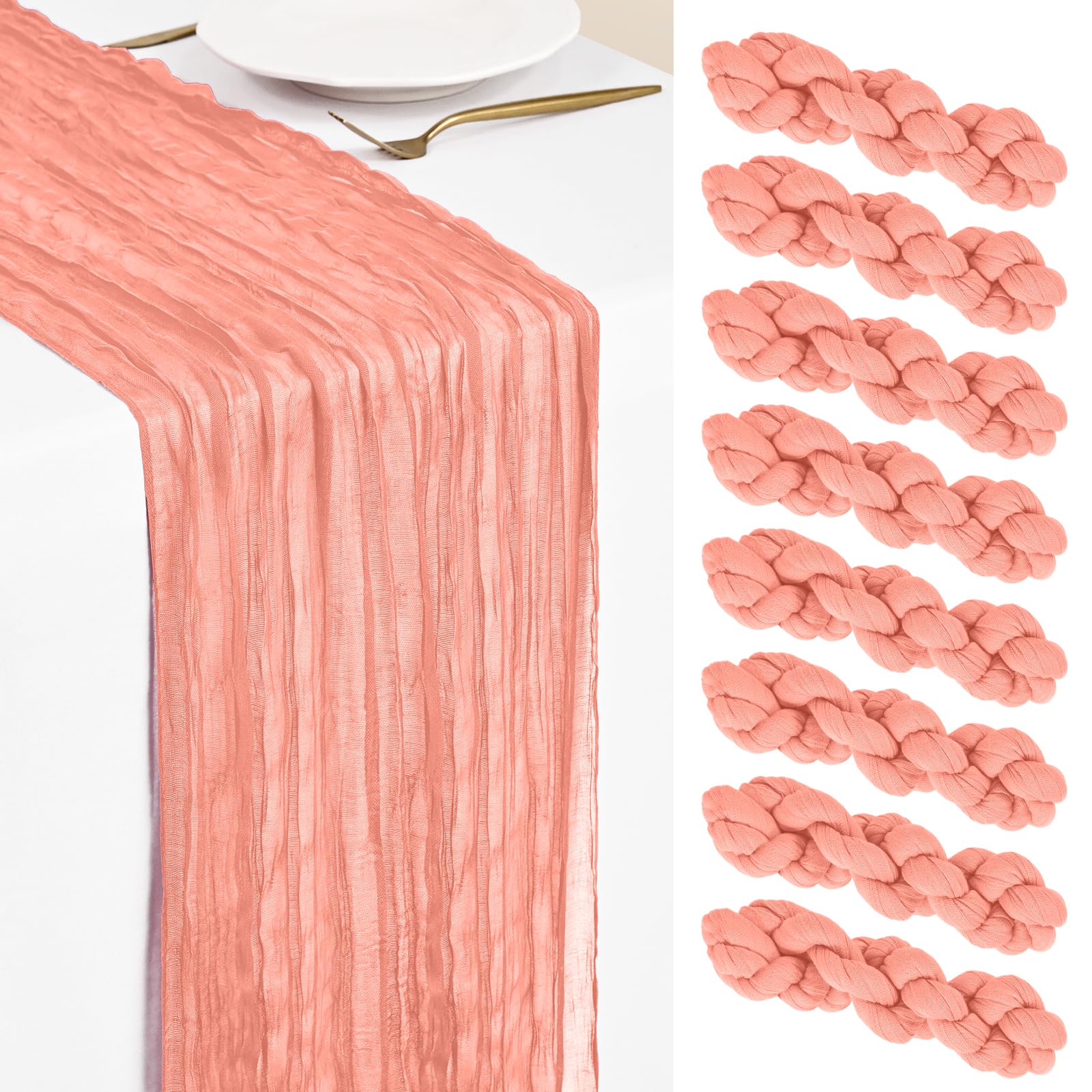 Showgeous 8 Pack Coral Cheesecloth Table Runner 45x275cm Boho Gauze Cheese Cloth Table Runners Romantic Rustic Sheer Table Decorations for Wedding Party Baby Shower Birthday Holiday Home