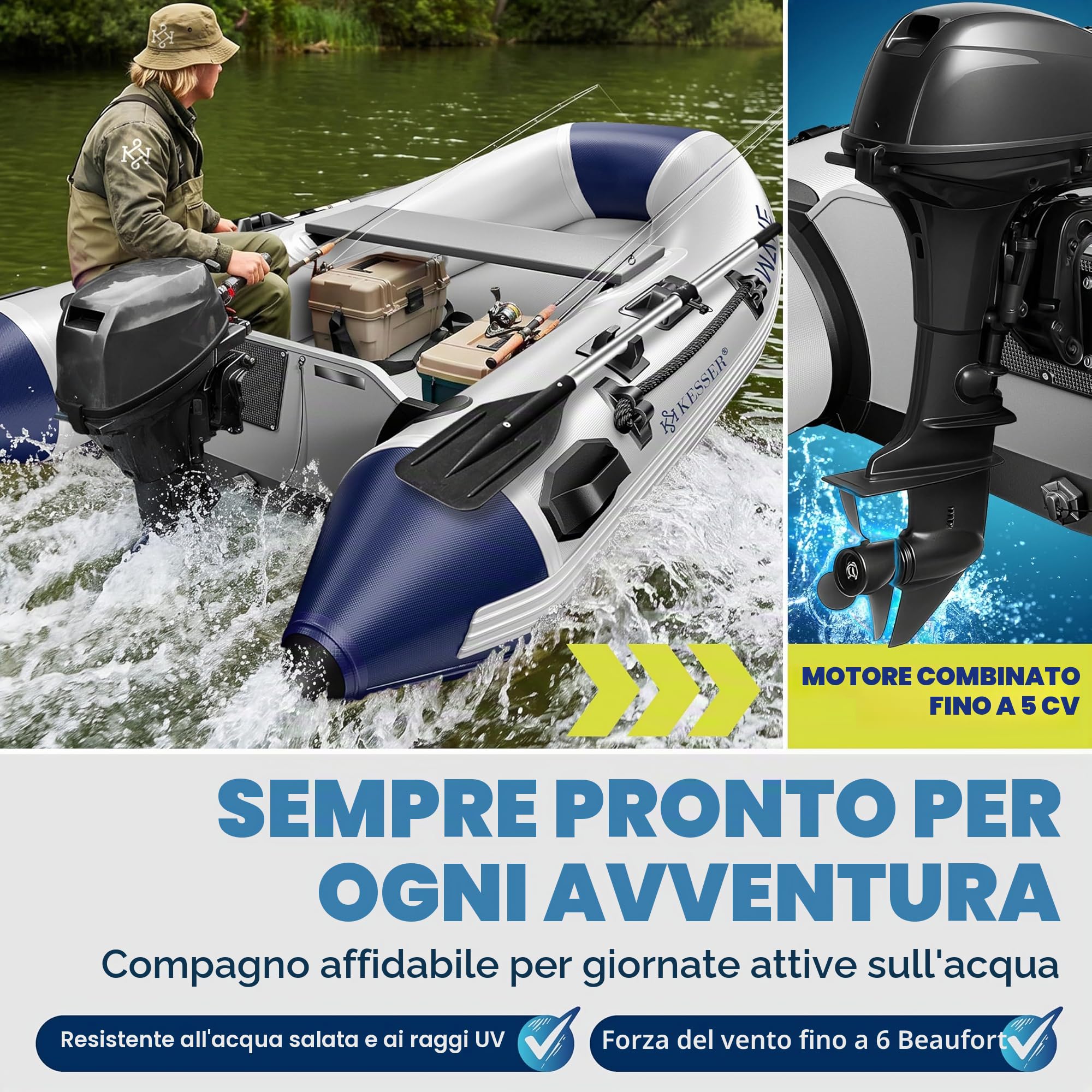 KESSER® Gommone Wave 230-320 cm, set da 6 pezzi gonfiabili – barca + panca, pompa ad aria, pagaia, kit di riparazione, borsa, barca da pesca, barca a pagaia piccola e grande, combinazione motore