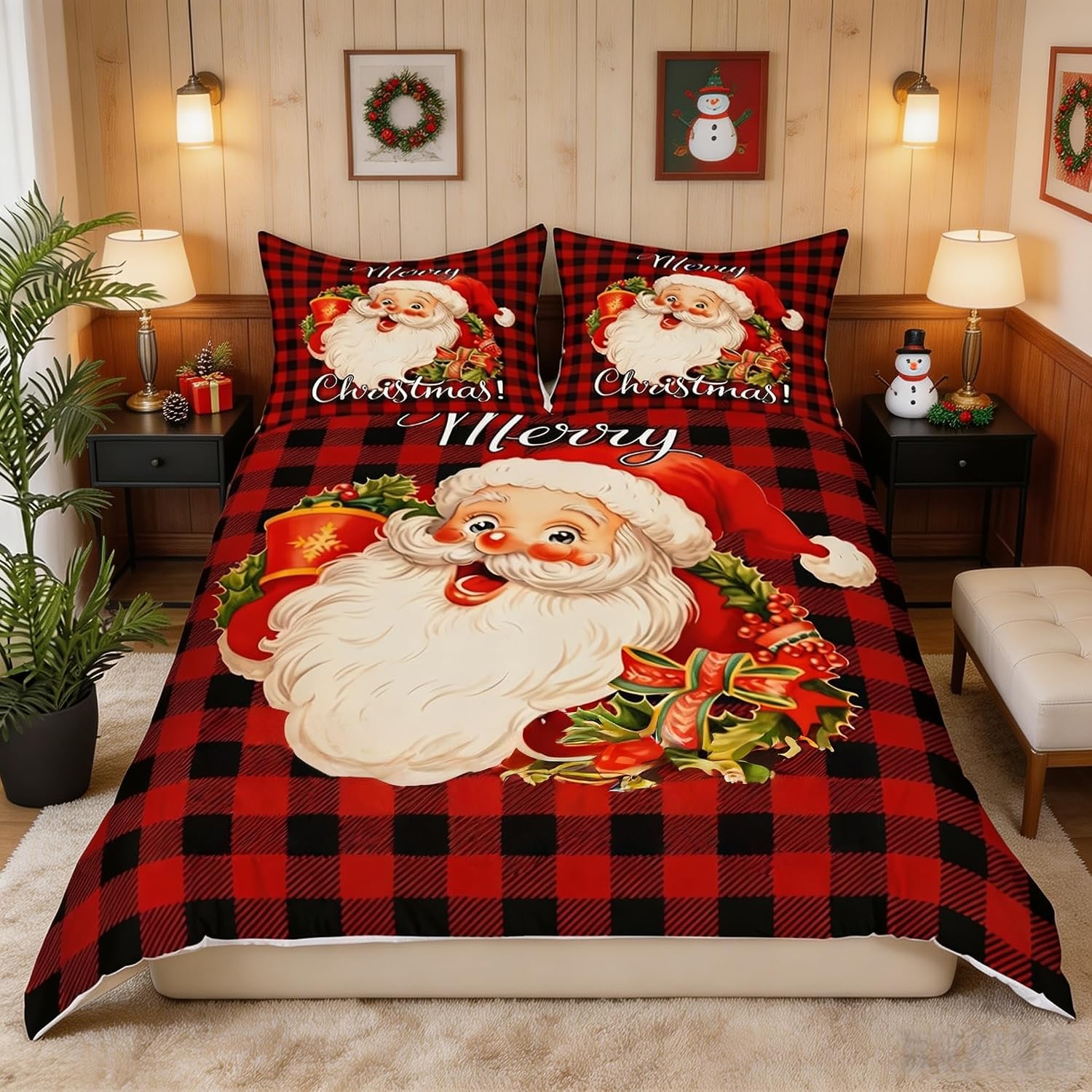 Castle Fairy Santa Claus Duvet Cover Set Queen Size,Red Black Buffalo Plaid Merry Christmas Bedding Set,Soft Microfiber 3 Piece Comforter Cover with 2 Pillowcases, Holiday Bedroom Decor, No Comforter