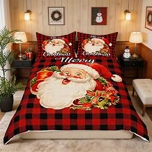 Castle Fairy Santa Claus Duvet Cover Set Queen Size,Red Black Buffalo Plaid Merry Christmas Bedding Set,Soft Microfiber 3 Piece Comforter Cover with 2 Pillowcases, Holiday Bedroom Decor, No Comforter