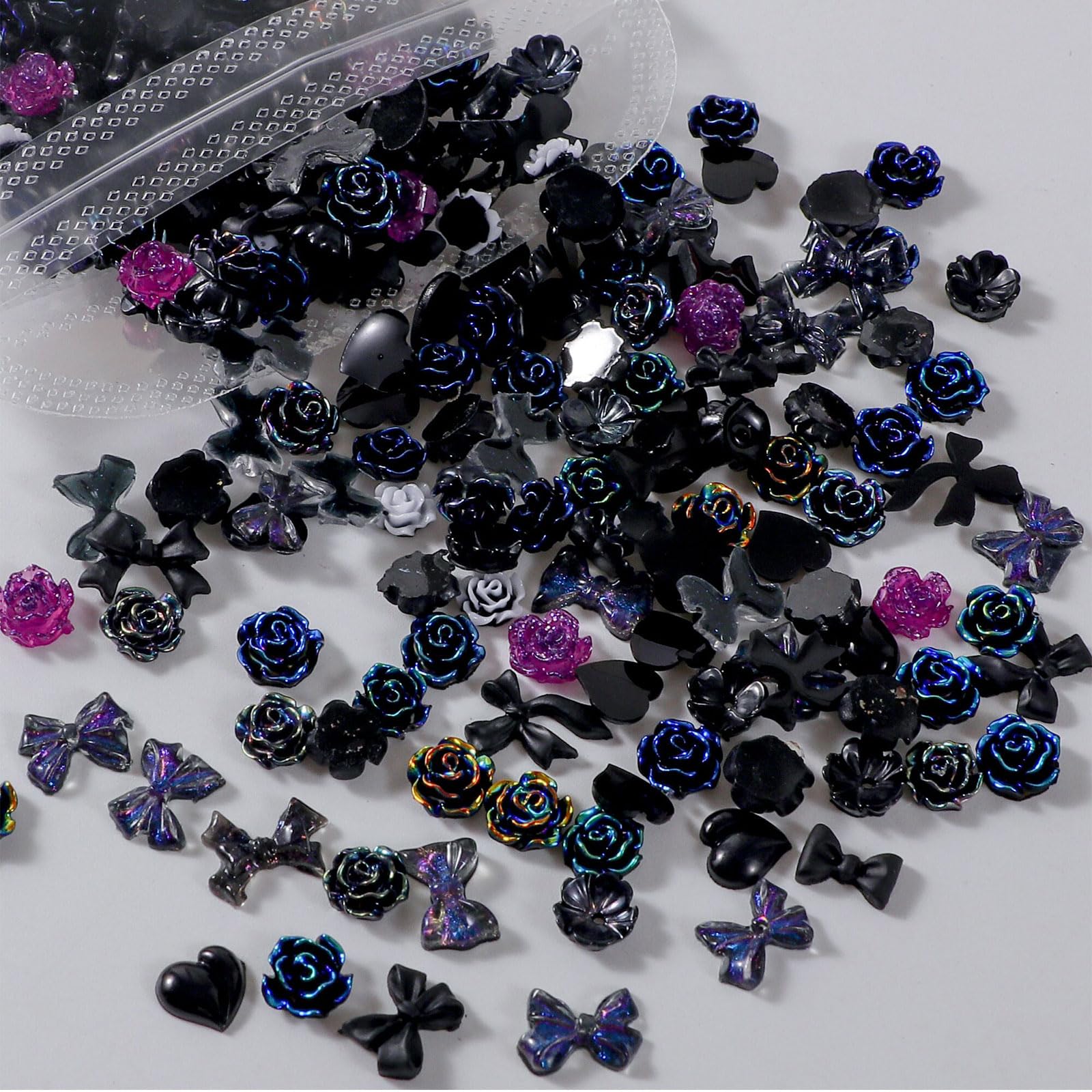 Multishape Nail Charms - 400 Pcs 3D Resin Nails - Bow, Flower, Bear, Heart Shapes - Black, small to medium