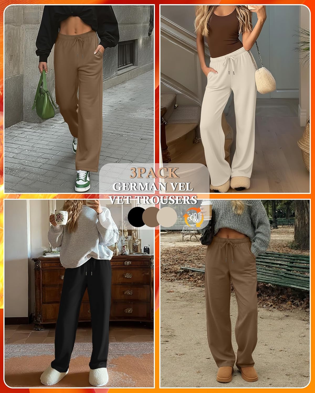 3 Pack Women's Fleece Wide Leg Sweatpants Thermal Baggy Athletic Pants Drawstring Lounge Pants with Pockets - Image 4