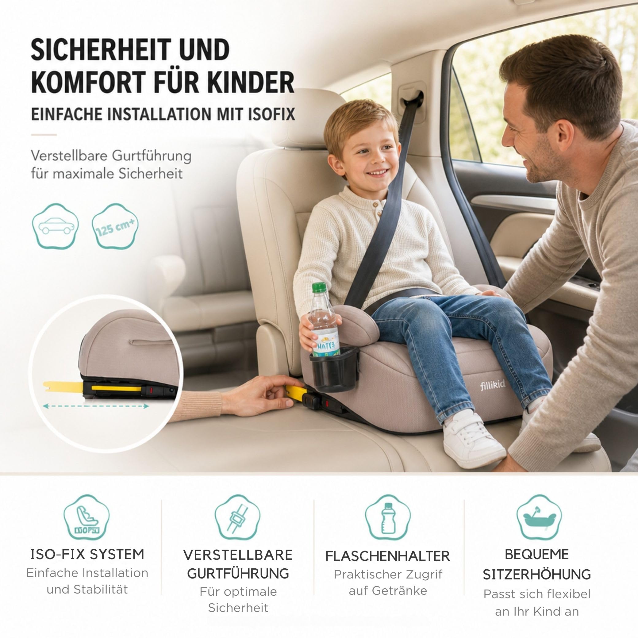 Fillikid Kindersitzerhöhung ohne Isofix, Autositzkissen für Kinder 125-150 cm 22-36 kg 6-12 Jahre