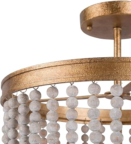 Miniatura 7 de Lámpara de techo con cuentas de madera, estilo bohemio, semiempotrada, lámpara de techo de 3 luces doradas para dormitorio, pasillo, cocina,