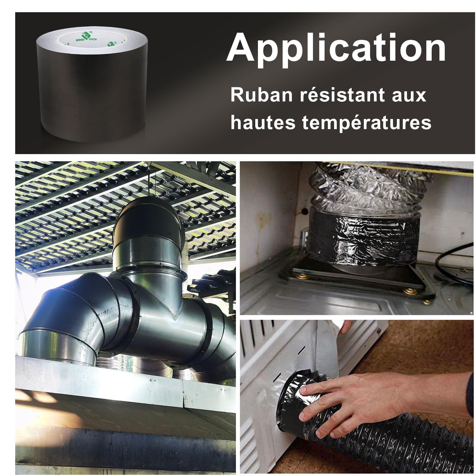 BOMEI PACK Large Ruban adhésif en aluminium 50 m ruban métallique très résistant, résistant à la chaleur, parfait pour l'étanchéité et le colmatage, réparation des métaux (Noir 100mm*50m)