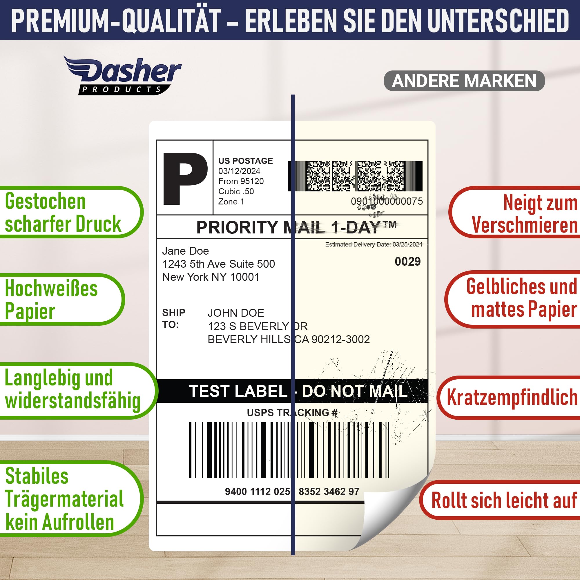 100 x 150 mm (4x6) Thermo-Versandetiketten auf Rolle, 500 Etiketten, Thermodirekt selbstklebend für DHL UPS, perforiert, kompatibel mit Rollo Zebra MUNBYN Polono & den meisten 4x6 Etikettendruckern