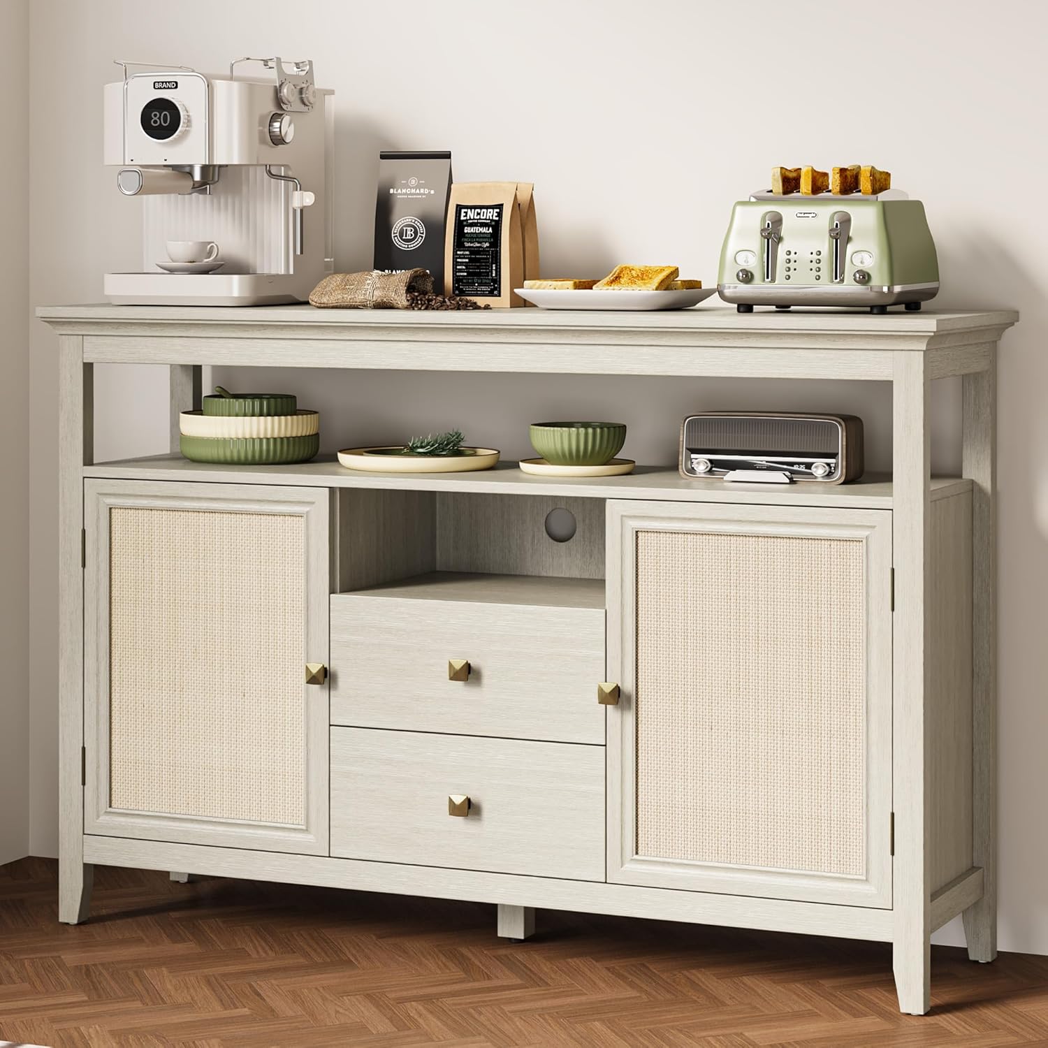 RoyalCraft Boho Coffee Bar – 53'' Handwoven Rattan Sideboard & Buffet Cabinet for Living Room, Entryway, or Dining Room, Console Cabinet with Drawers & Adjustable Shelves,White Cream Oak