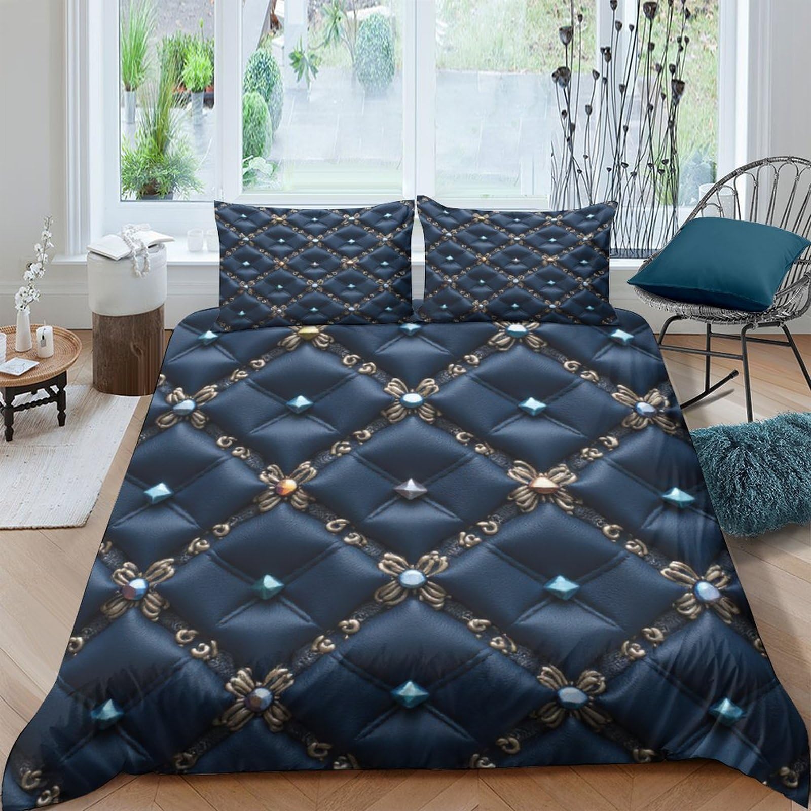Ctjqhvkz Style-9 3D Printed Diamond Quilted Fitted Sheet Microfiber Black Gold Bed Cover Tufted Pattern Anti-Slip Bedroom Decor Single（135X200cm）