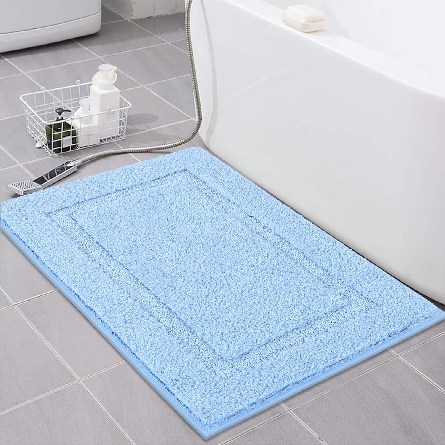 SHACOS Super Soft Small Bathroom Rugs 16x24 inch Non Slip Washable Bath Rugs Microfiber Bath Mats for Bathroom Floor Tub Shower Vanity Sink Decor Accessories, Light Blue 1'4" x 2' - Image 8