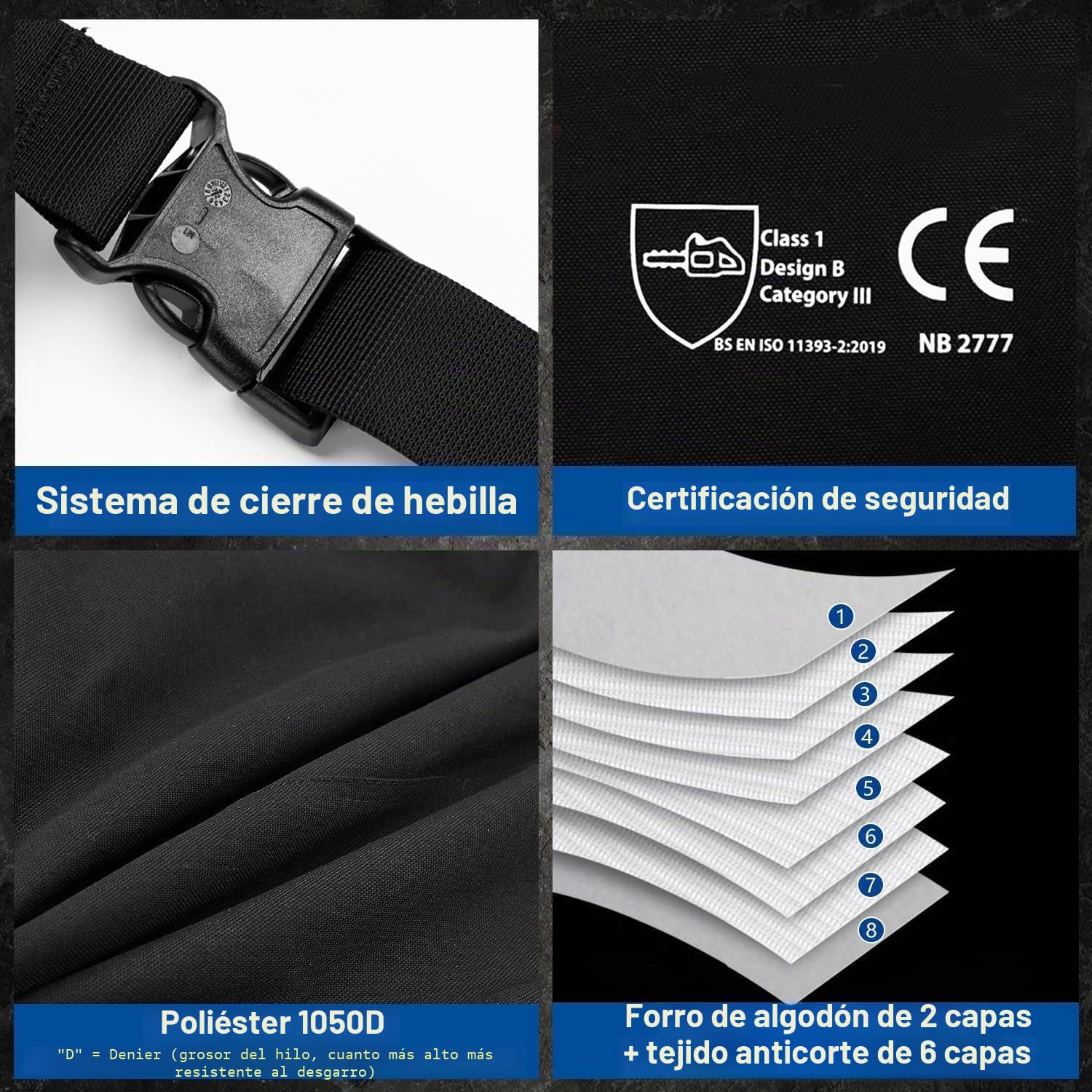 Leggins universales de seguridad para motosierra, 8 capas, ajustables, pantalones de seguridad, protección forestal, solo protección frontal