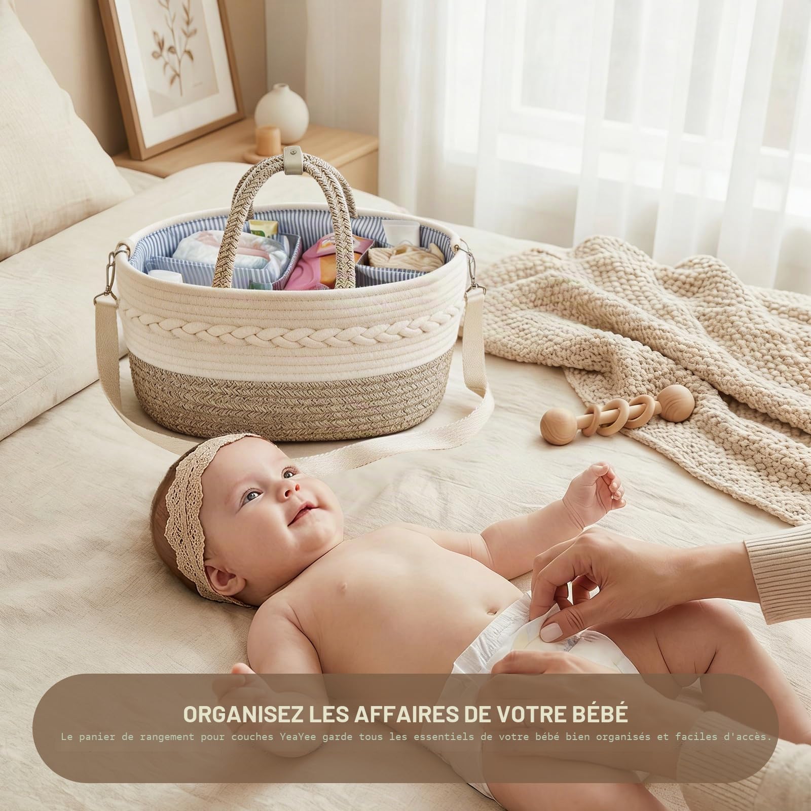 Organisateur de panier à couches pour bébé, panier de rangement pour chambre d'enfant avec 3 compartiments, toile 100% coton, panier à langer portable, cadeau pour nouveau-né
