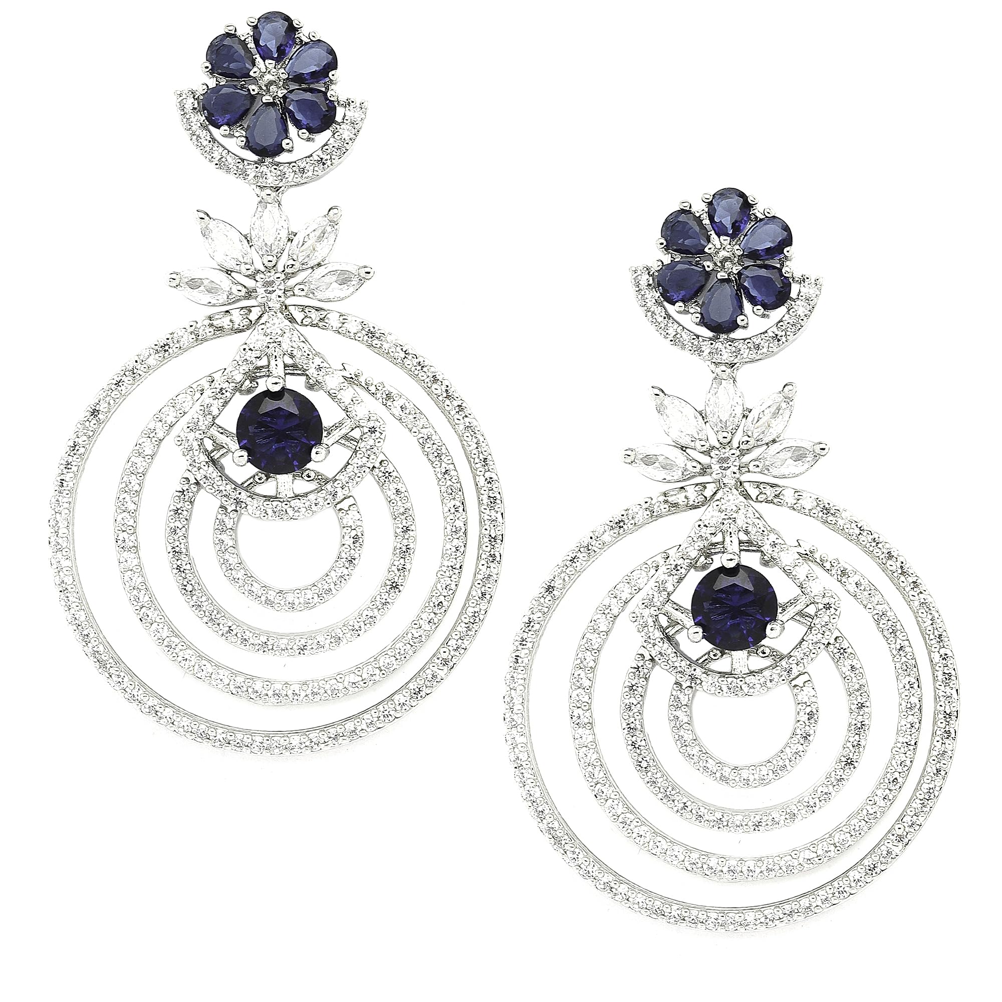 ZENEME Rhodium-Plated American Diamond Studded Floral & Circular Layered Drop Earrings For Girls and Women (Navy Blue & White) (B0CGF4YH87) Amazon Price History, Amazon Price Tracker