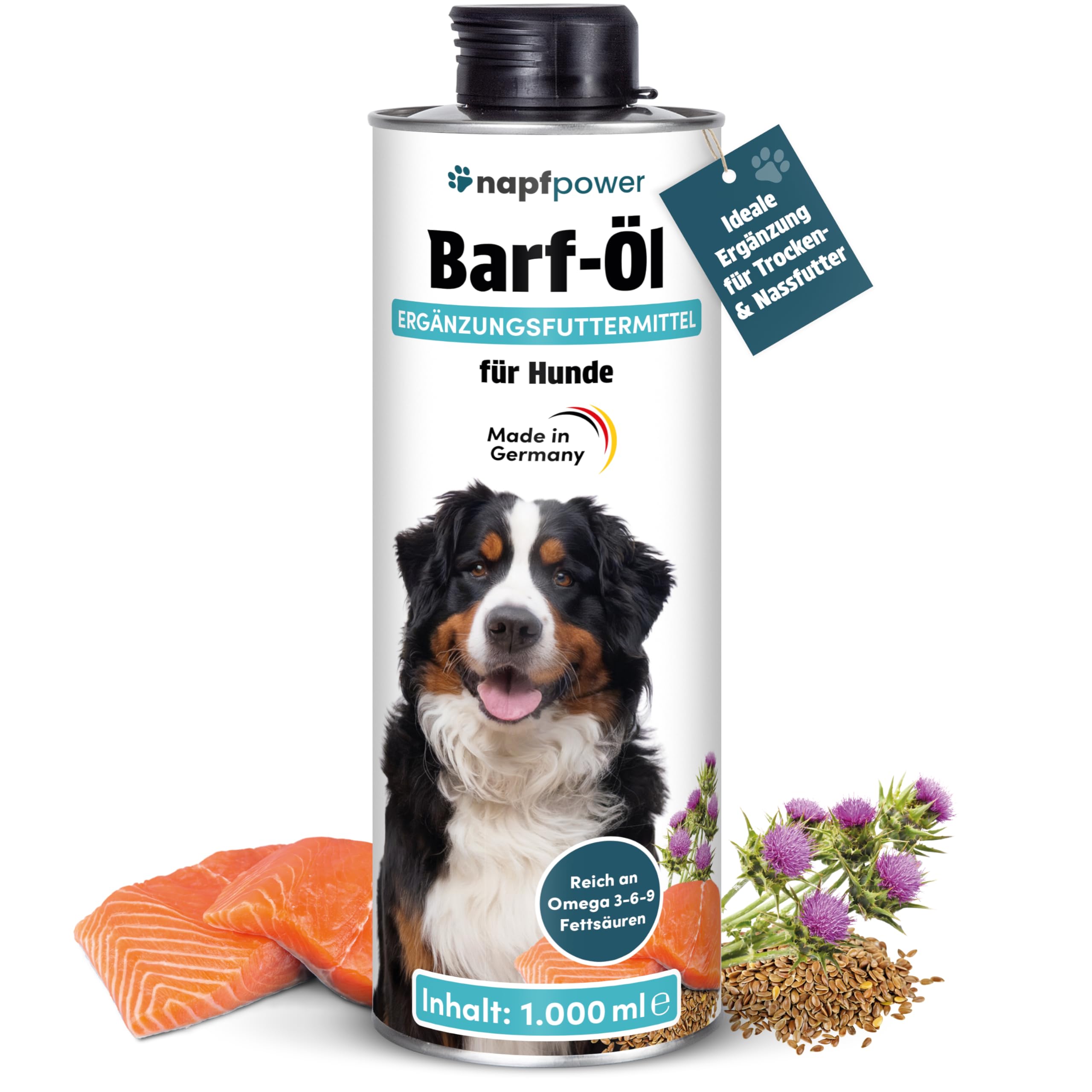 Barf Öl für Hunde (1 Liter) – Reich an Omega 3-6-9 Öl aus Lachsöl, Leinöl, Hanfsamenöl, Borretschöl & Mariendistelöl – Hochwertiges Futteröl & Barf-Zusatz – Auch als Topping geeignet