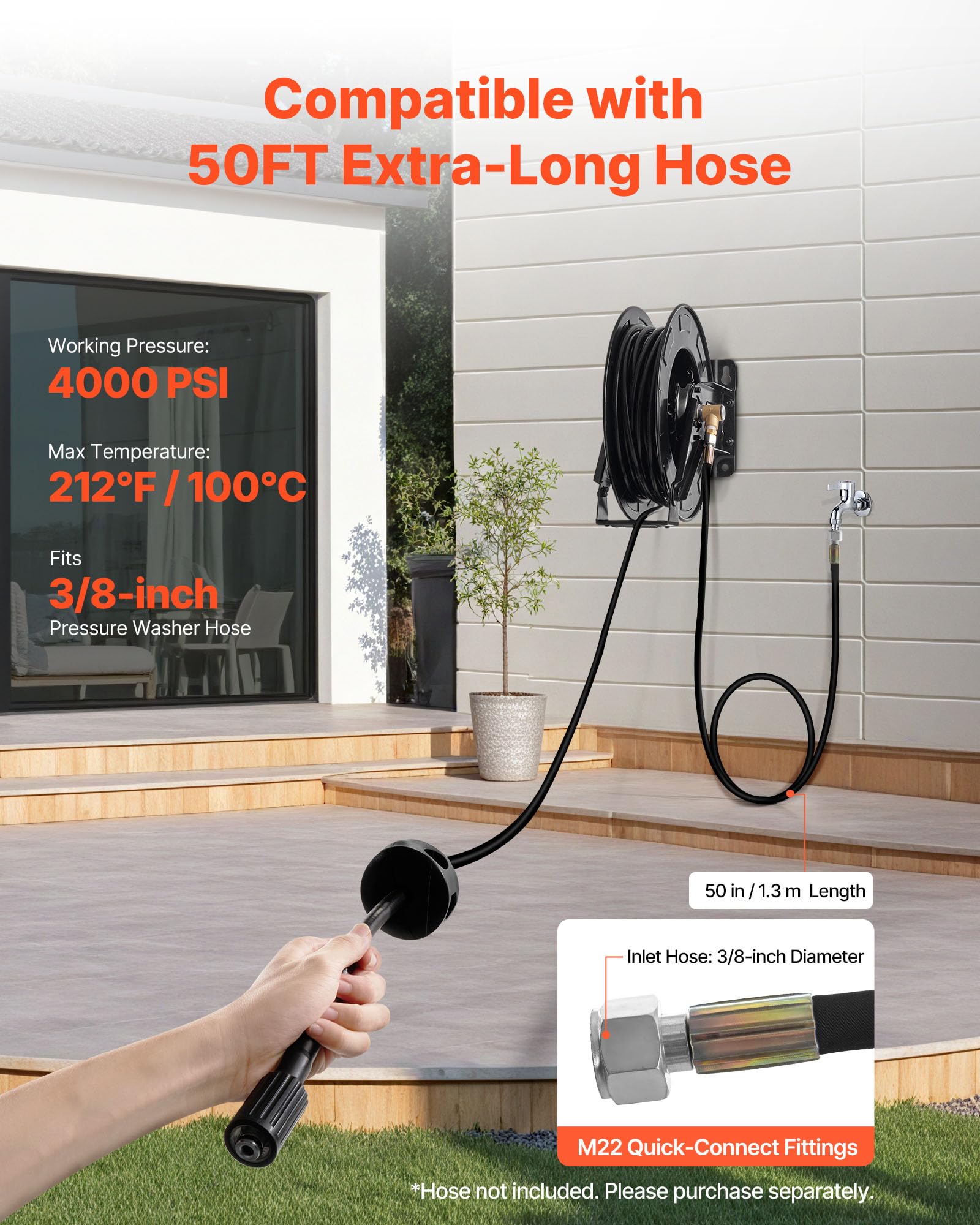 VEVOR Enrouleur de Tuyau pour Nettoyeur Haute Pression 15,2 m x 9,5 mm, Dévidoir Rétractable Acier, Montage sur Mur, Sol, Pression 275,8 bar, Enroulement Automatique pour Lavage Voiture, Sol, Jardin