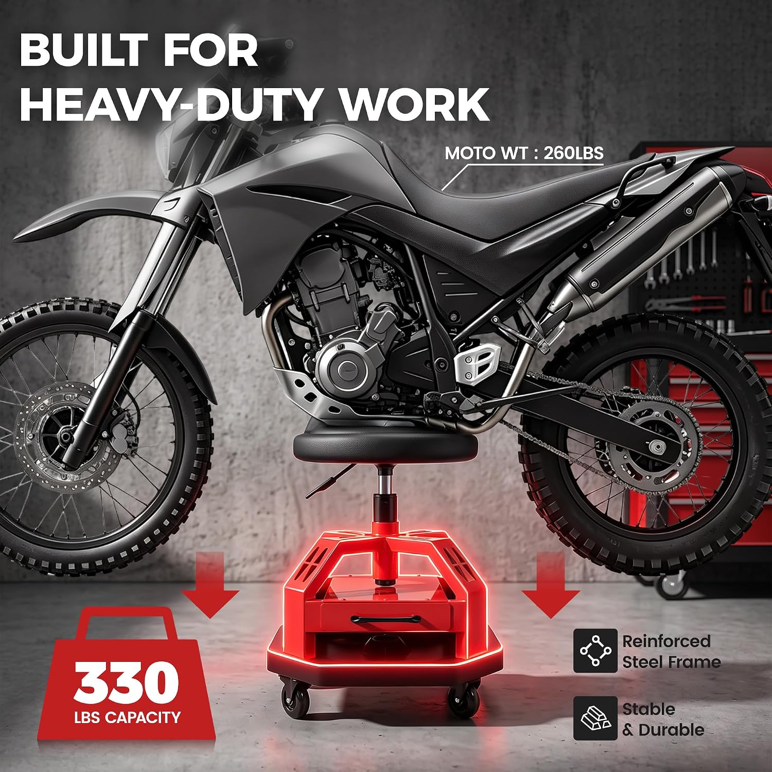 Rolling Shop Stool for Garage with Drawer, Adjustable Height, 360° Swivel