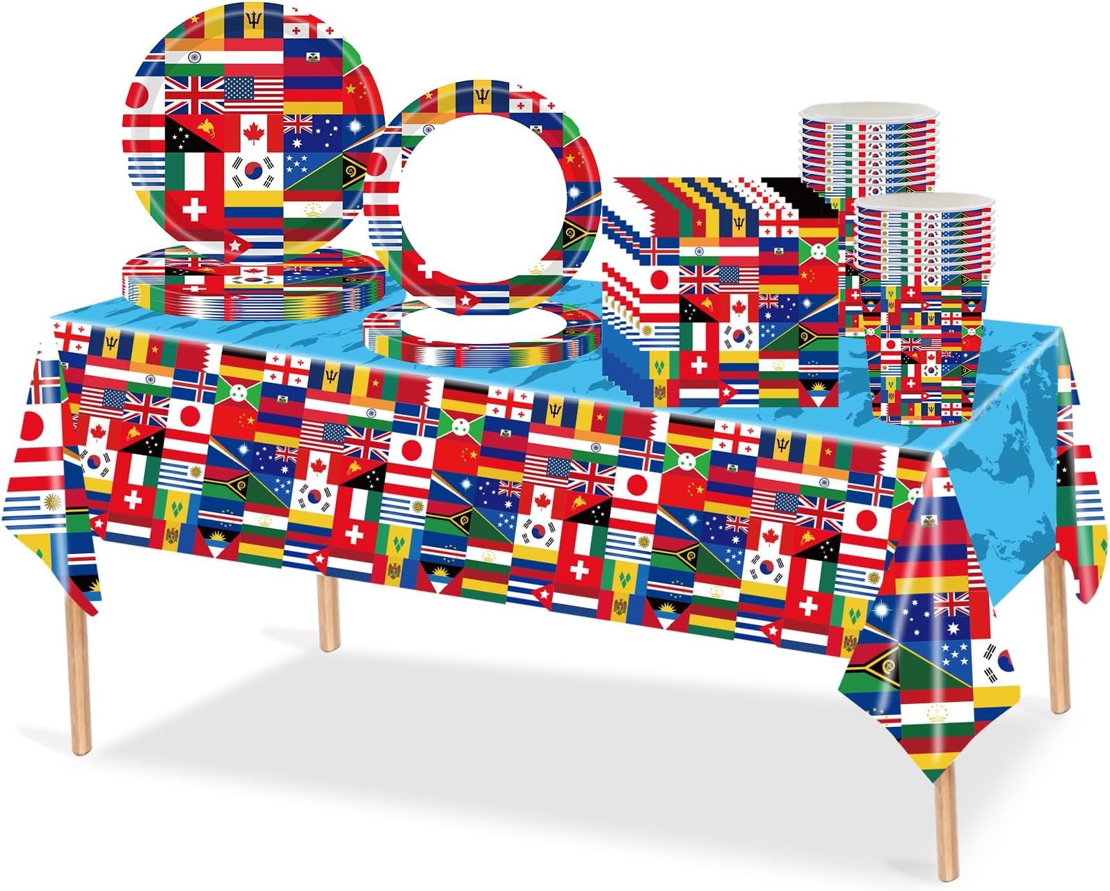 – 69pcs International Party Tableware Plastic Table Cloth,Paper Plates Napkins Serviettes and Cups,World Country Flags Dinnerware for International Feast,Football European Sports Event Party Decorations