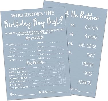 Who Knows The Birthday Best Card, 5x7 Inches Blue Themed Birthday Party Card, Entertainment Creative Games for Friends Classmates, Double-Sided, Party Supplies and Decorations-A01