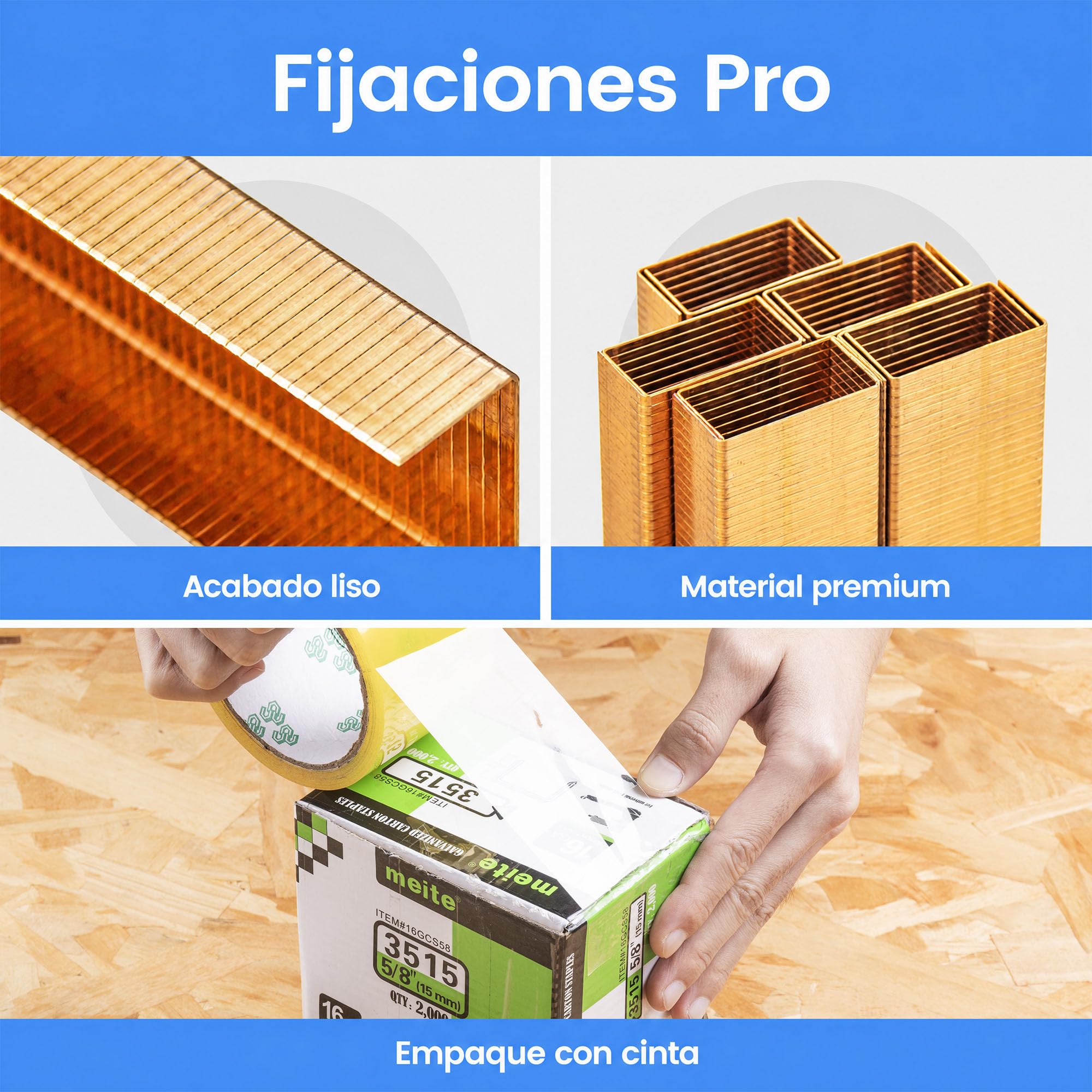 meite Grapas para Cierre de Cajas de Cartón, Calibre 16, Corona Ancha de 34,7 mm, Pata de 15 mm, Recubiertas de Cobre, para Grapadora Neumática o Manual, Embalaje de Cartón, 2.000