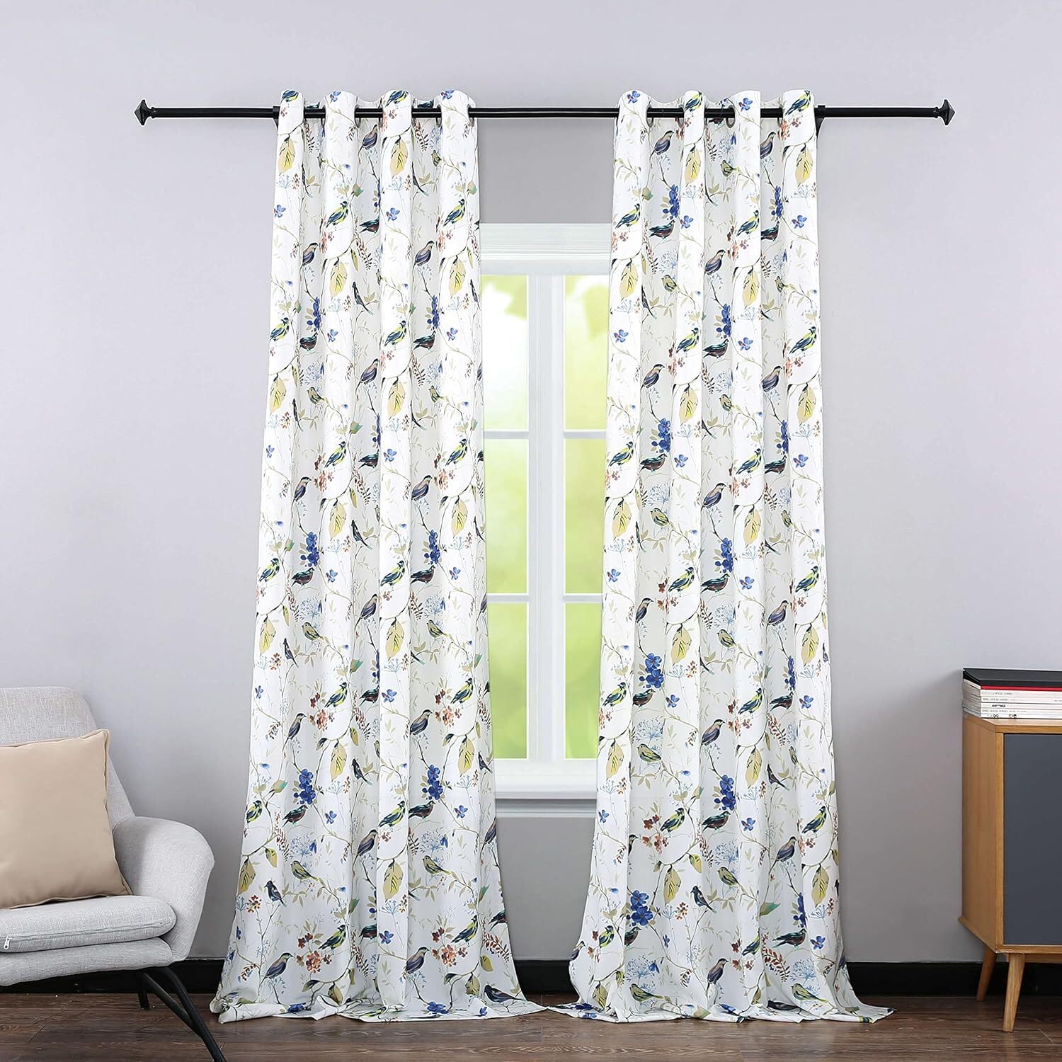 Leeva Curtains 72 Inch Length 2 Panels Set, Soft Linen Textured Bedroom Curtains for Room Divider, Blue Bird Printing Window Treatments for Sliding