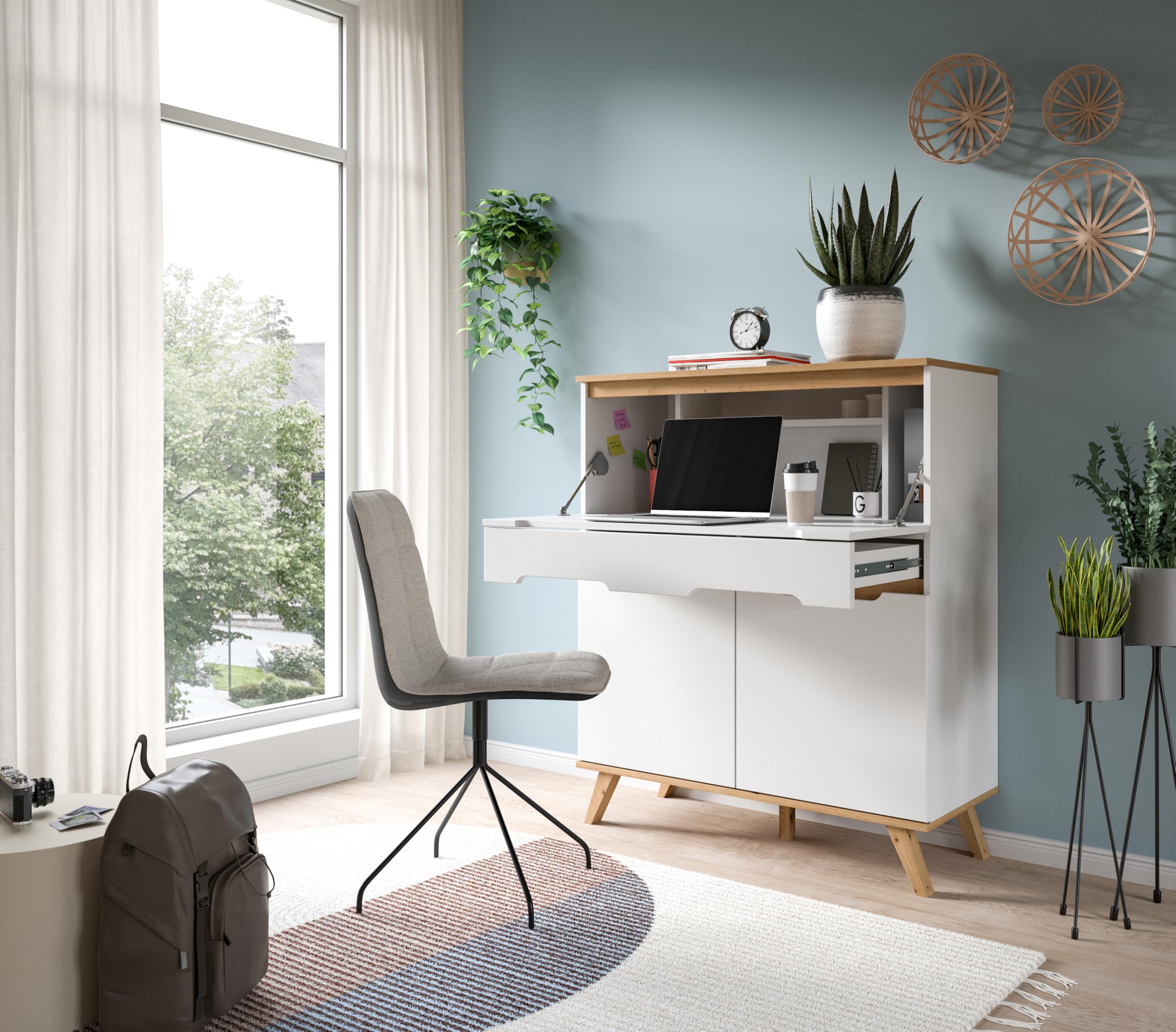 xonox.Home - Sekretär Stockholm 100x118x40 cm in weiß und Nox Eiche - Sekretär Schreibschrank Schrank Stauraumschrank - Pflegeleichte Oberfläche robust und langlebig