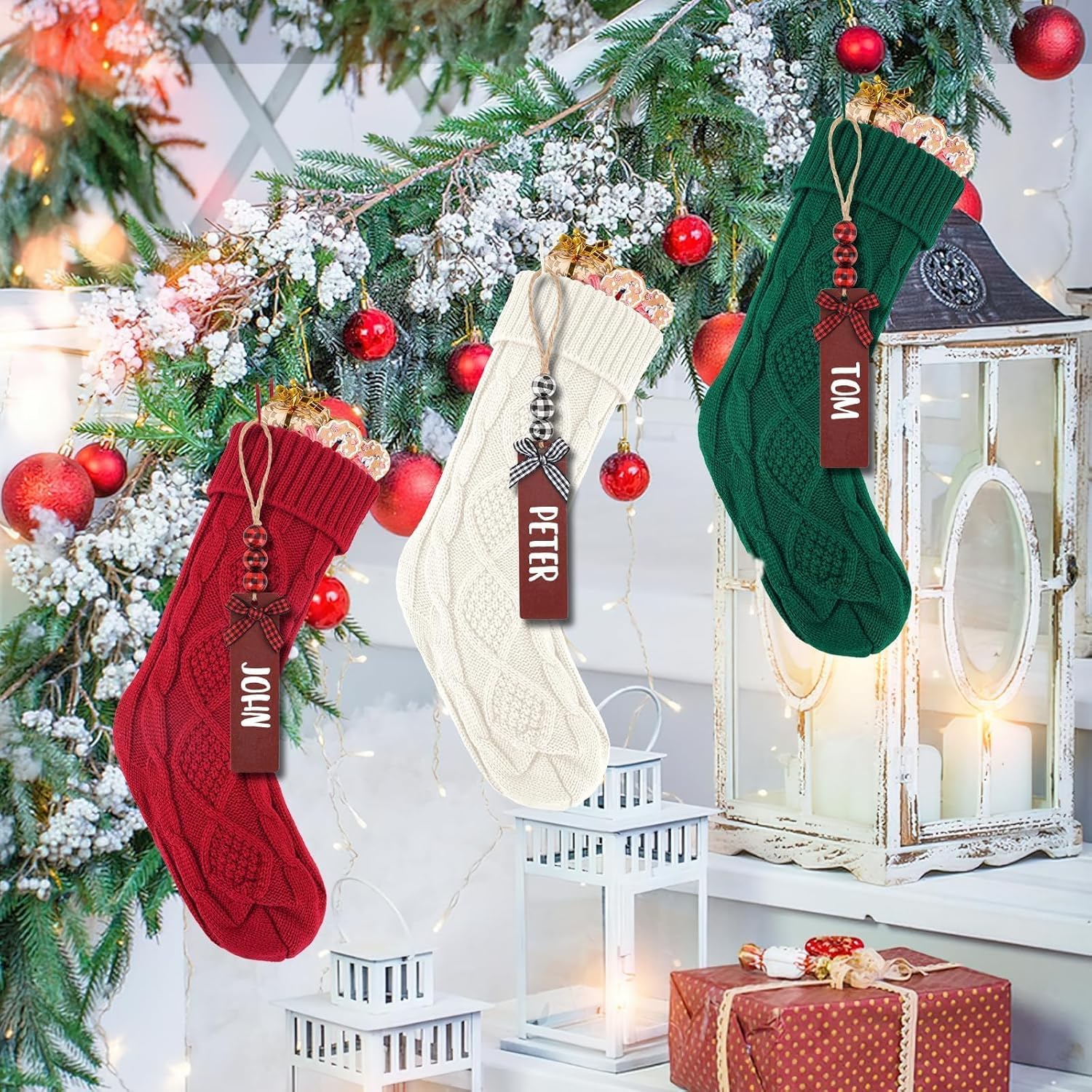 6PACK 18Inch Cable Knitted Christmas Stockings, Personalized Hanging Stockings for Holiday Party, Christmas Tree, and Family Home Decor in Red, White, Green