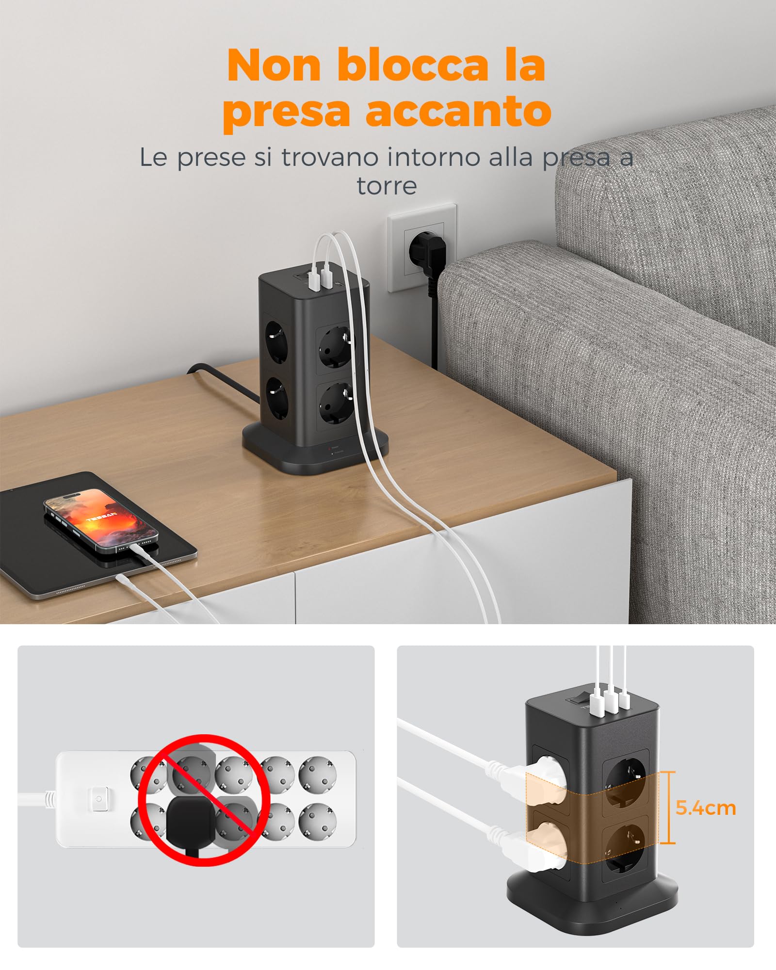TESSAN 8 Prese Ciabatta Multipresa con USB, Multipresa Elettrica con Prolunga Elettrica 10 Metri, Presa Verticale Protezione Sovratensione, 3600W Ciabatta con Interruttore, Nera