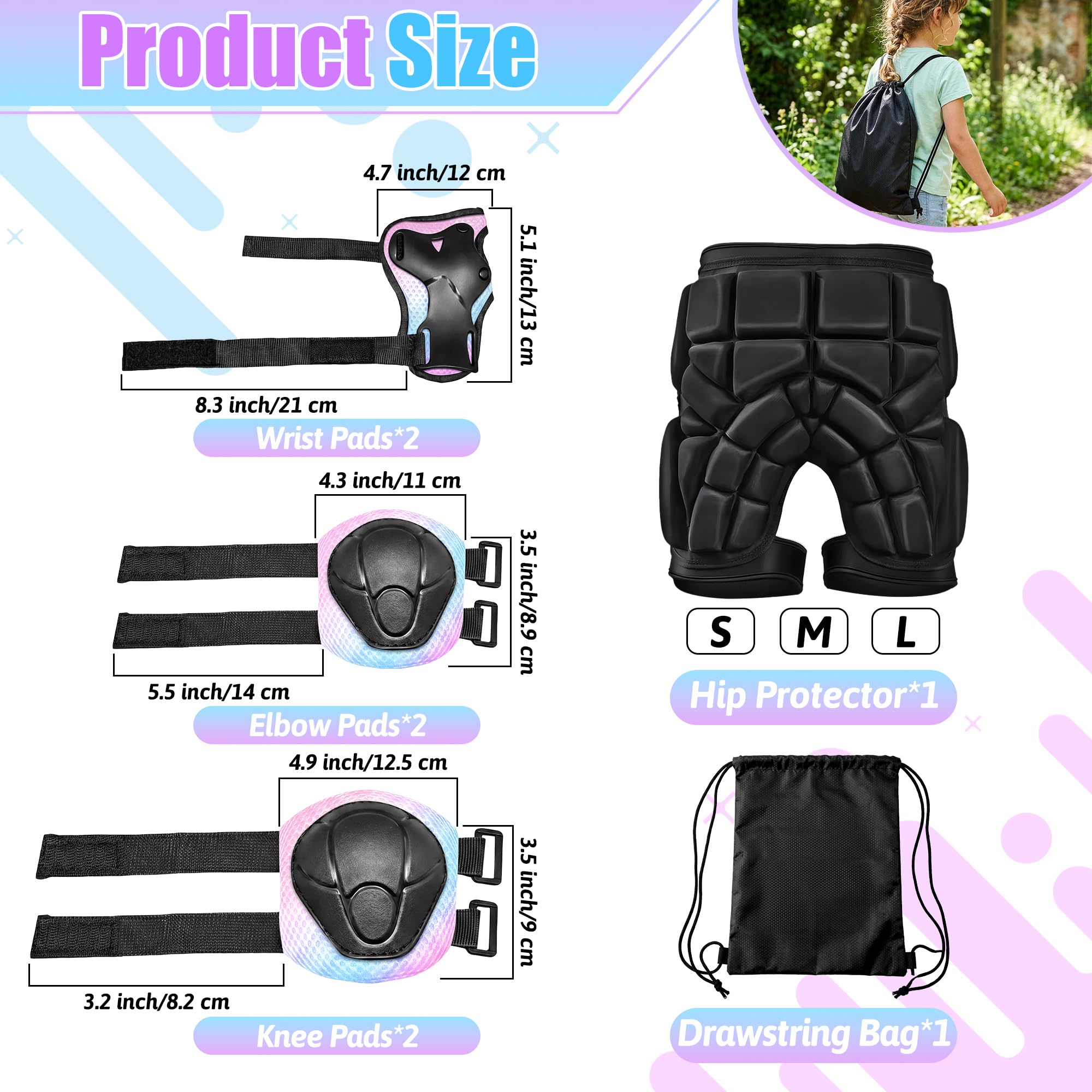 Set di ginocchiere per bambini, con gomitiere, polsiere, protezioni per fianchi e zaino, per skateboard, scooter, bicicletta e pattini in linea