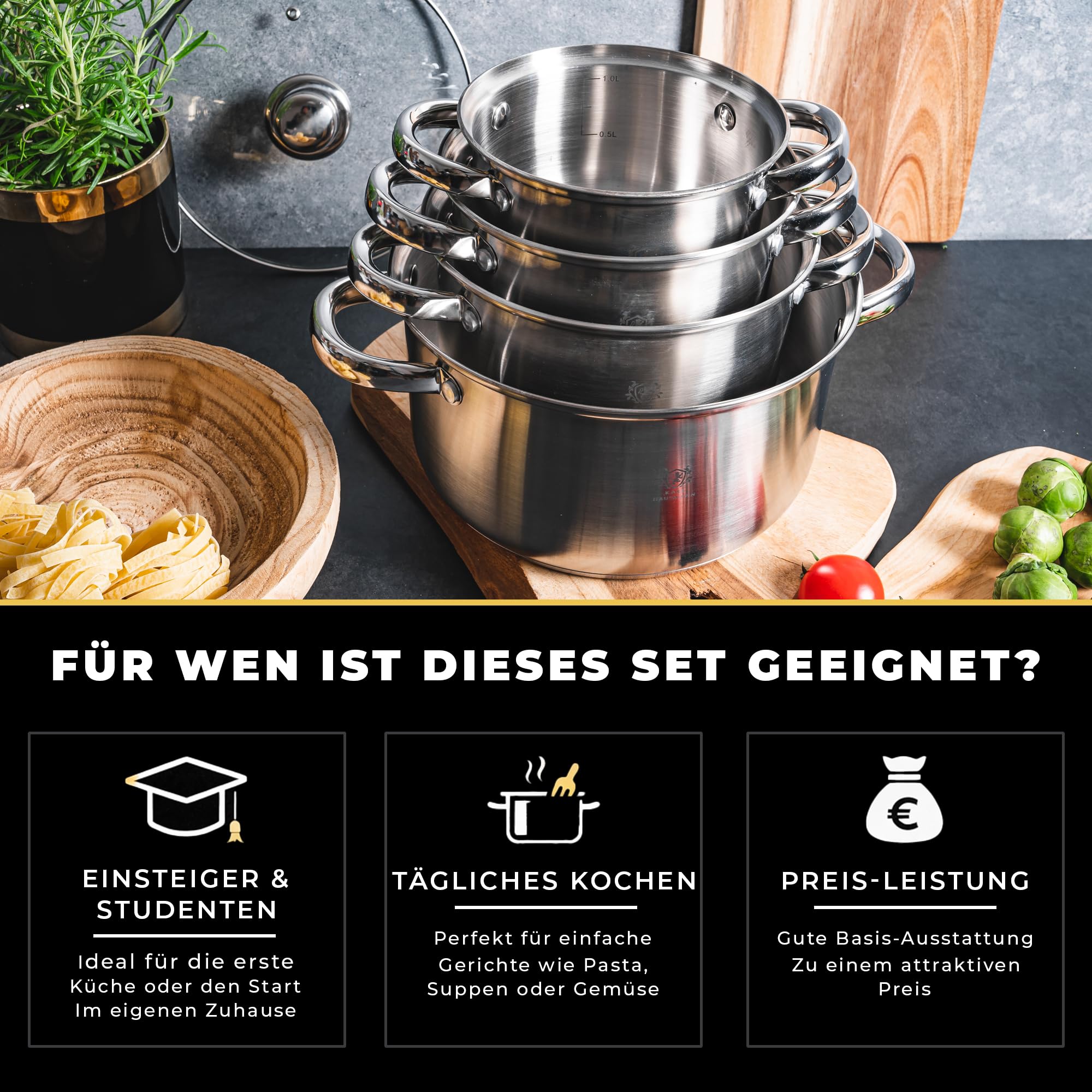 KARL HAUSMANN Topfset Induktion Edelstahl 4-Teilig - Kochtöpfe für Alle Herdarten - Kochtopf Set mit Glasdeckel - Töpfe mit Messskala - Topf Set - Kochtopfset - Topfsets - Pots - Induktionstöpfe