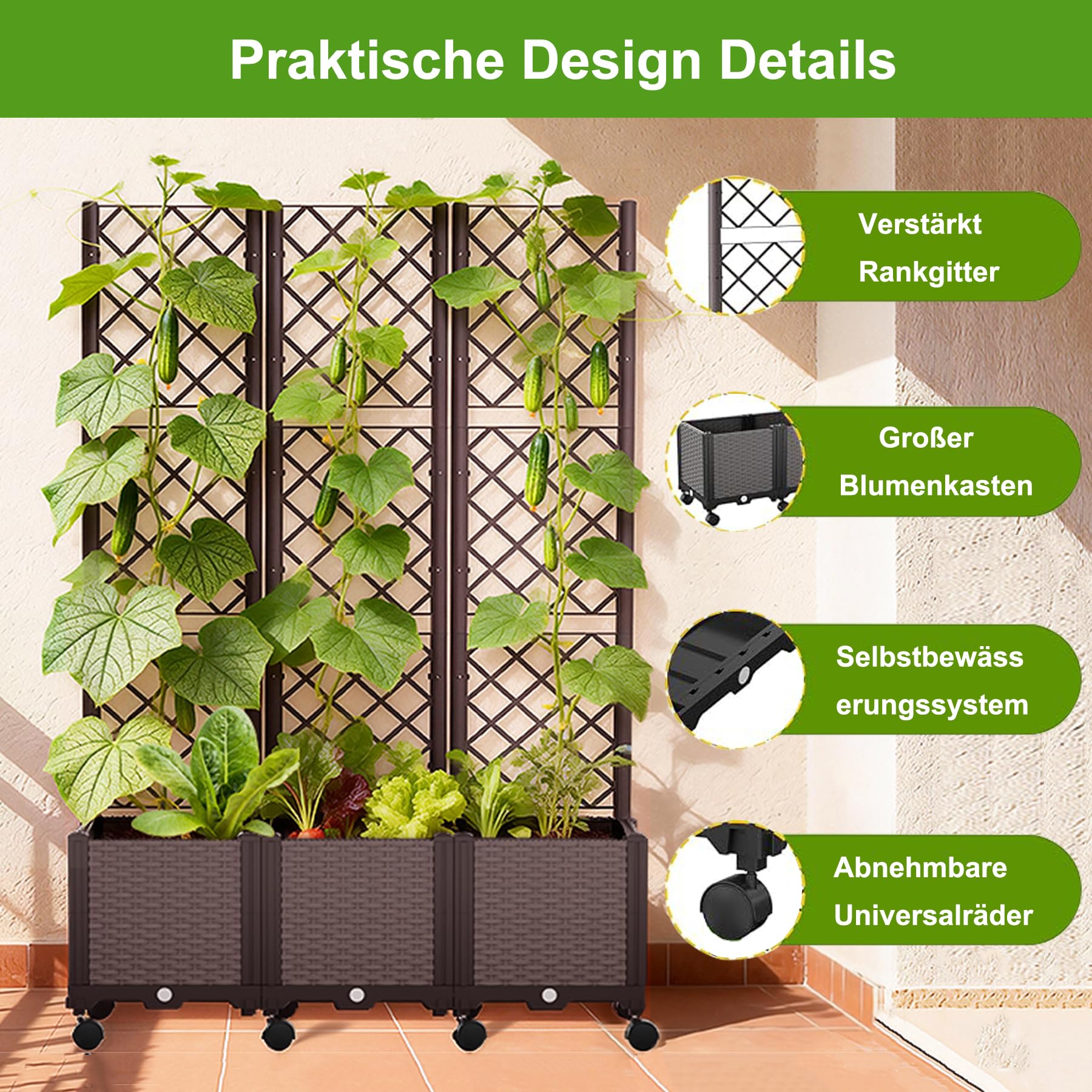 Jardinera elevada con Celosía y Autoriego, Cama de Jardín con 3 Maceteros y 8 Ruedas, Enrejado Soporte para Plantas Trepadoras, Verduras, Flores y Pantalla de Privacidad
