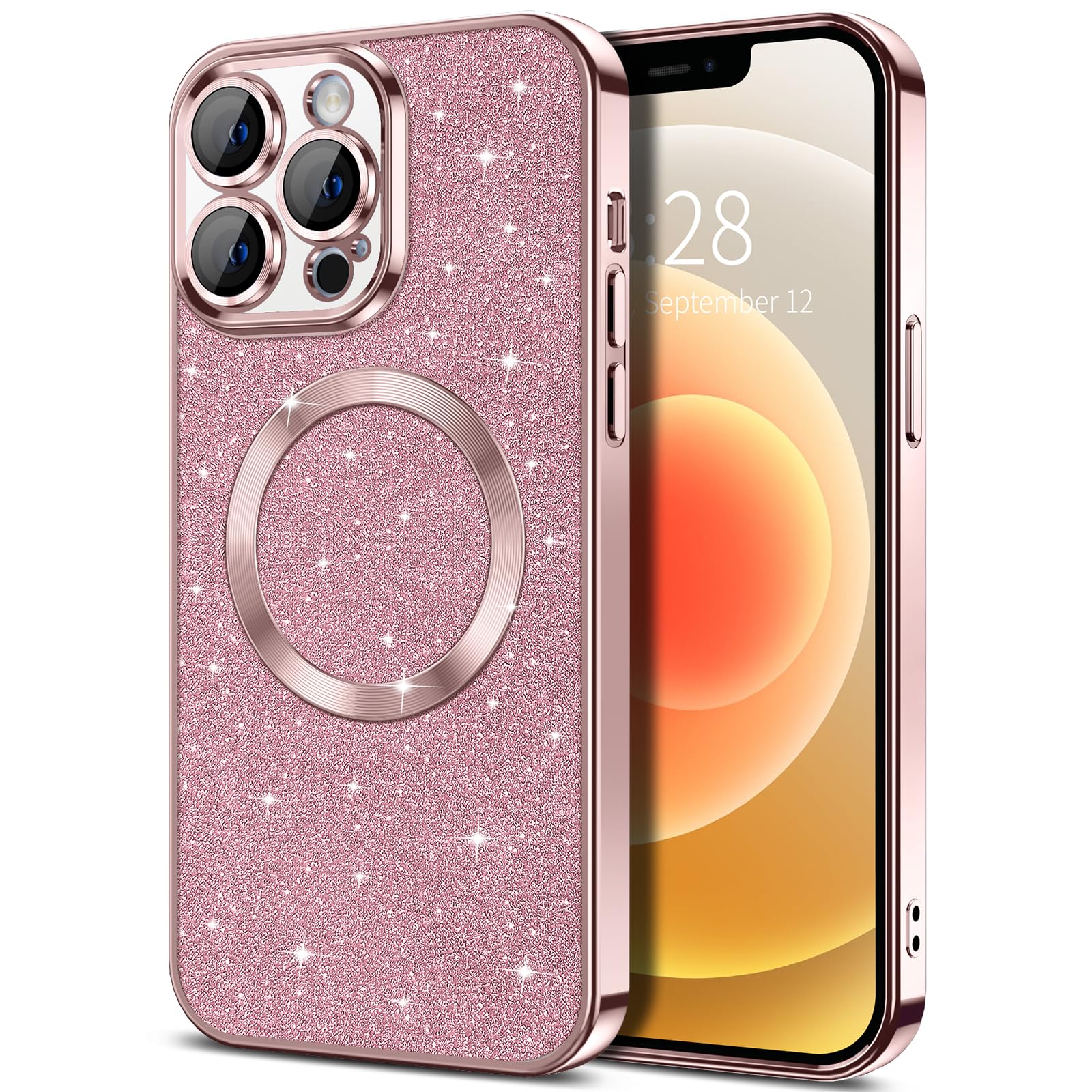 Hython for iPhone 12 Pro Max Case Glitter, Clear Magnetic Phone Cases with Camera Lens Protector [Compatible with MagSafe] Bling Plating Soft TPU Slim Shockproof Protective Cover Women Girls, Pink
