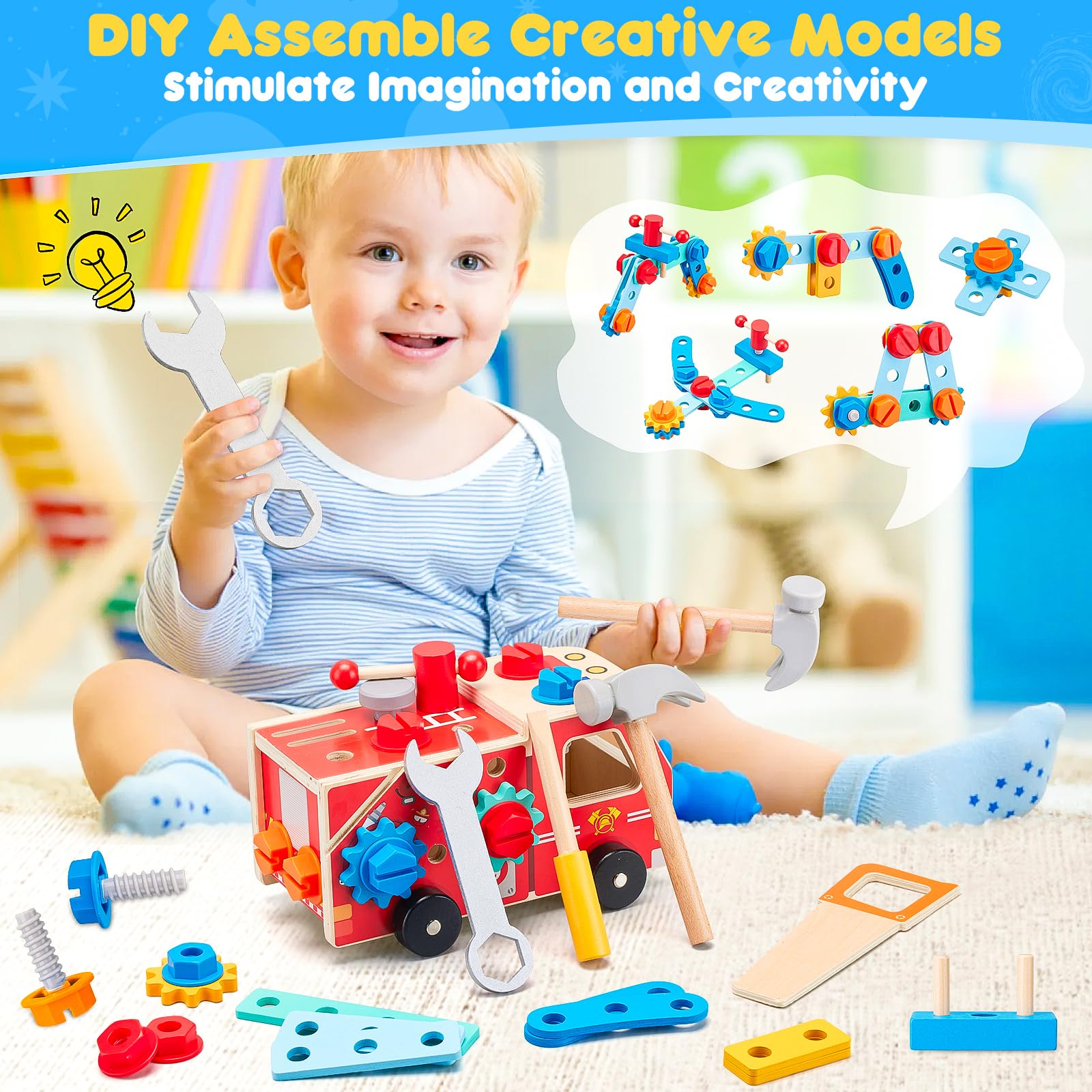 Zorbly Kids Tool Set Firetruck Wooden Toys For 2 3 4 5 6 Year Old - Image 3